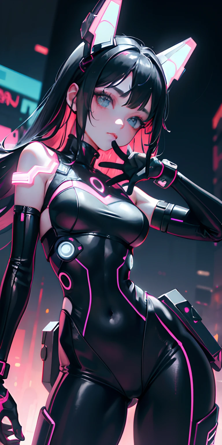 top-quality))、((​masterpiece)、Close-up of people、Buttock emphasis、cyberpunked、Big buttocks、Electronic visor attached to -yeld gis face with emphasis on buttocks、Cyberpunk Fashion、Sexy Posing、(Wearing white body spats on lower body、Breasts enlarged、Neon lights in dark city at night、Versatile sexy poses