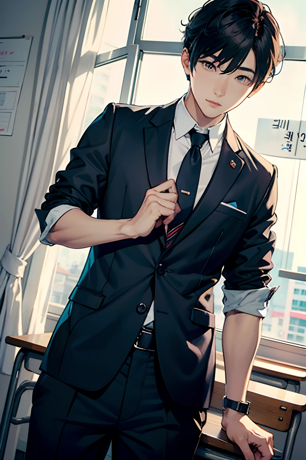 a cute handsome Korean flirty and in school uniform, boy