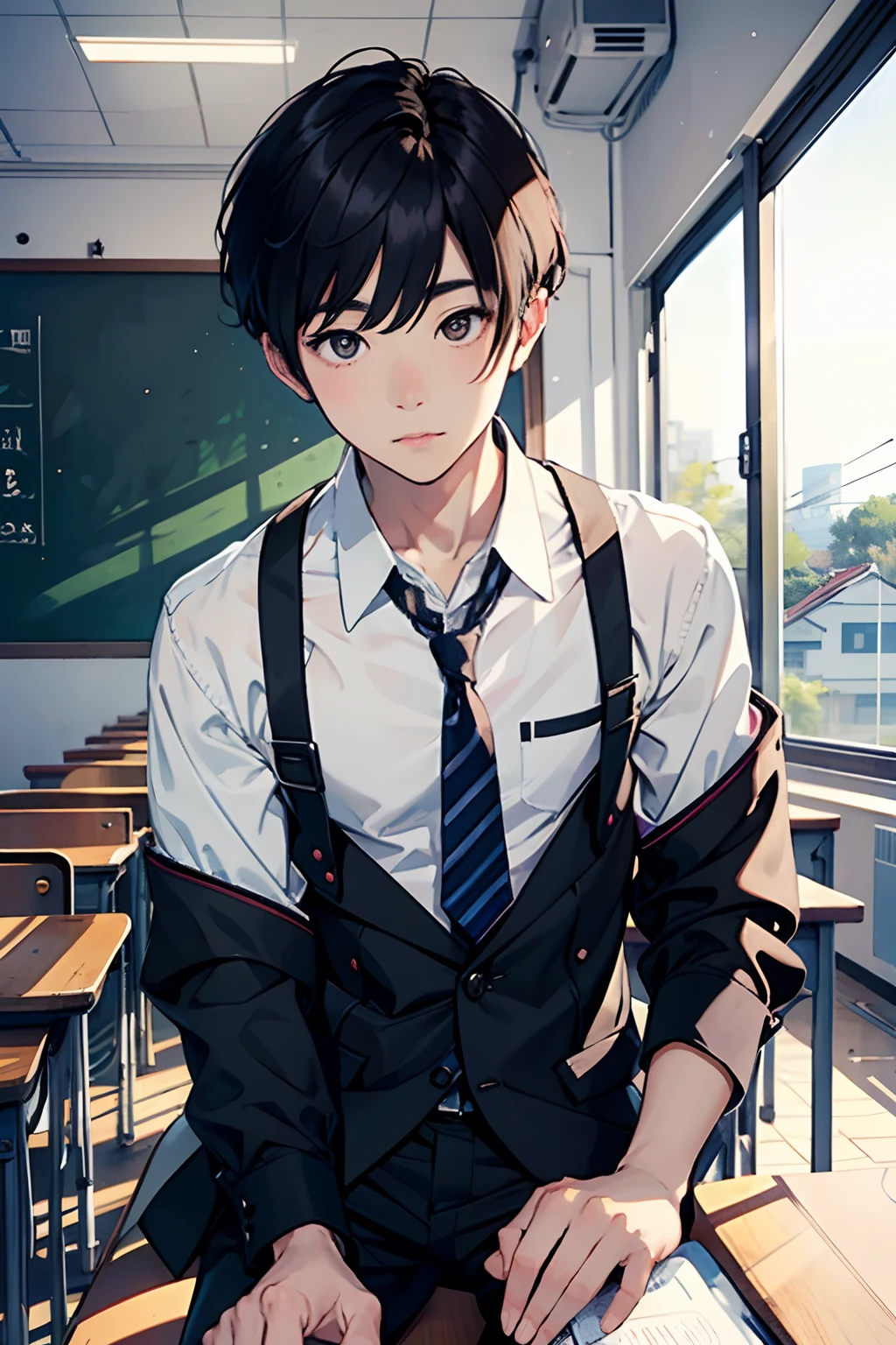 a cute handsome Korean flirty and in school uniform, boy