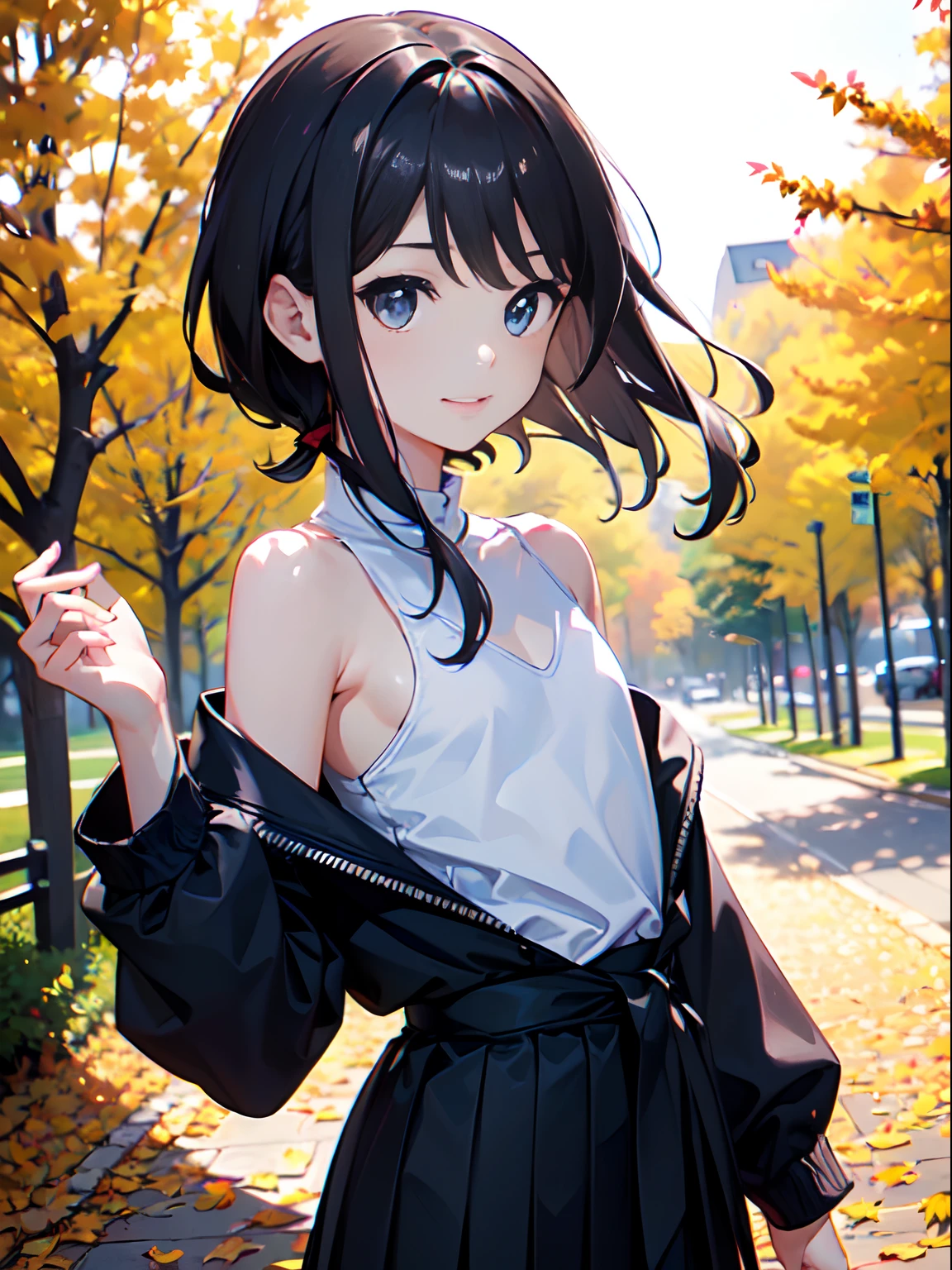 (8K、Raw photography、top-quality、​masterpiece:1.2)、(realisitic、Photorealsitic:1.37)、ultra-detailliert、超A high resolution、see the beholder、beautifull detailed face、Constriction、(Slim waist:1.3)、Beautiful detailed skin、Skin Texture、floated hair、profetional lighting、Super delicate and cute girl with black hair、14 years old girl、Solo、1 persons、a junior high school student、14years、Dark hair、Eyes are brown、(Hair is long black straight:1.1)、(flat chest)、A slight smil、Ruffled tops、Wear a jacket over your shoulders、skirt by the、White sneakers、Autumn Park、Colored leaves、Holding autumn leaves in your right hand