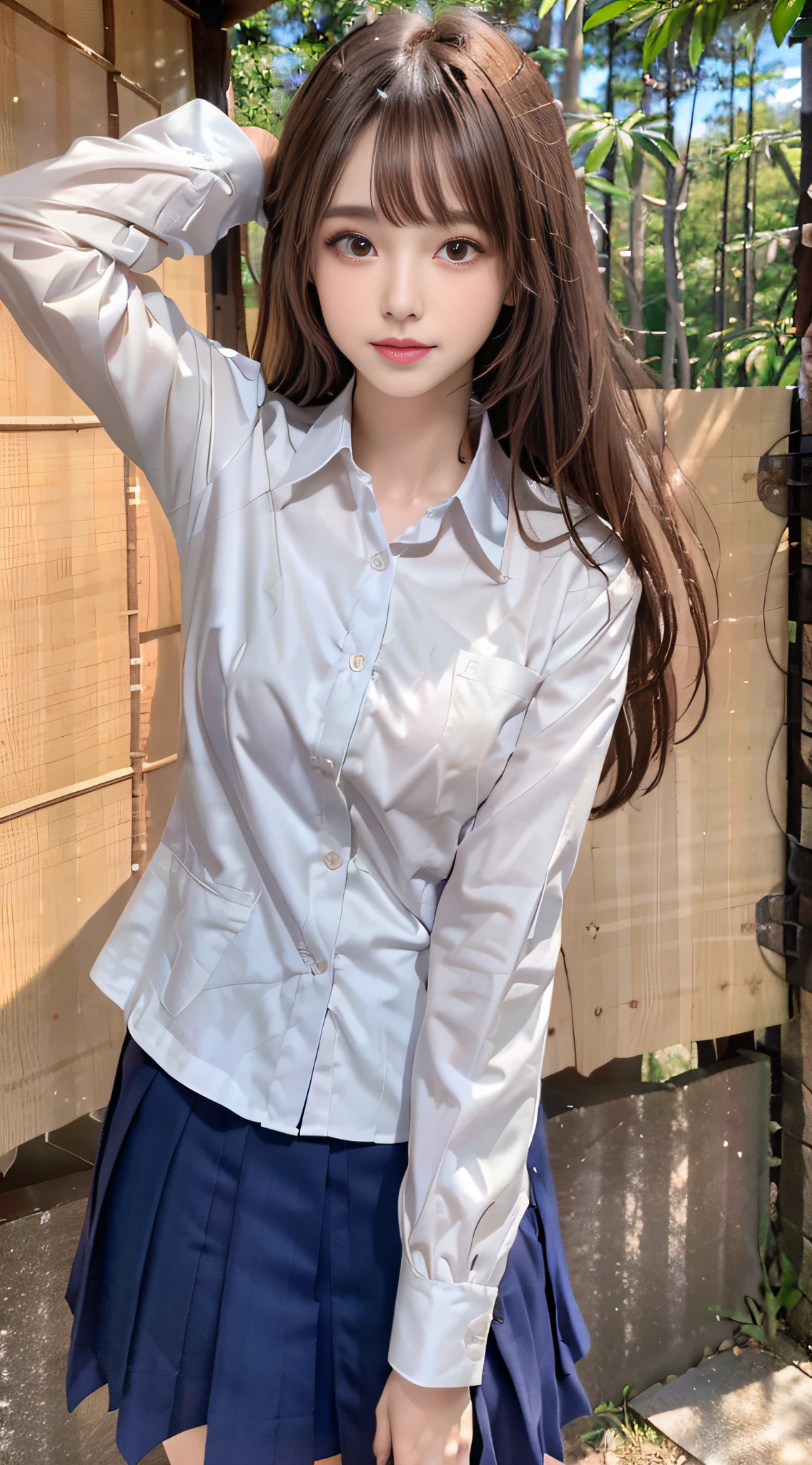 1womanl, （middlebreasts）, light brown hair, Blunt bangs, hair behind ear, hair over shoulder, （Long hair）,wetting hair,（ slender body shape）, （Ultra Fine Face）, Delicate lips,（beautidful eyes）, thin blush, Brown eyes, （shinny skin, flawless skin :1.3）,hide one's hands,（Dark blue student blazer,white  shirt,  Dark blue flared skirt),(Japan Schoolgirls),(Posture with armpits wide open：1.3),Smile,,bustshot,（bamboo forrest:1.5）
