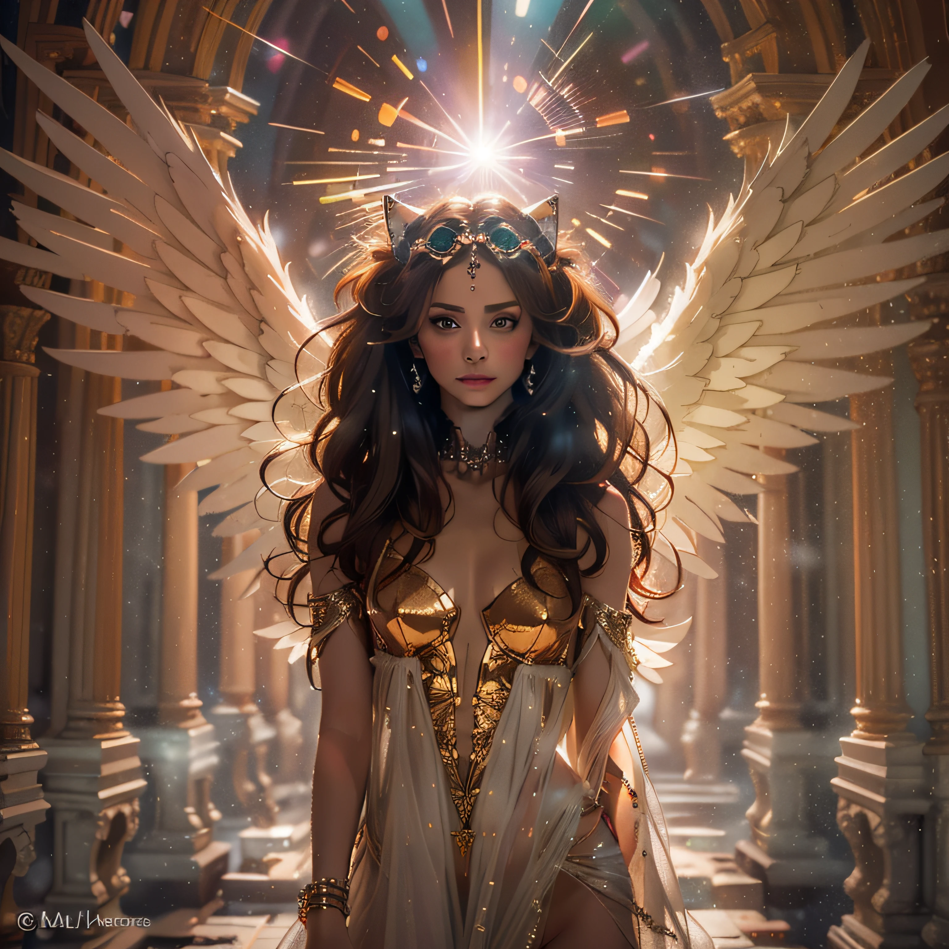 (Numerosas obras maestras galardonadas, in incredible detail, Textures and maximum detail), (Imagen de pie de cuerpo completo:1.8), (Parte superior del cuerpo hacia arriba:0.3), (hiperrealista:1.4), (realista:1.3), (La mejor calidad de textura real de la piel), (finely detailed true circle Symmetrical eyes), (Cara hermosa mujer latina afro finamente dibujada), (Divine brilliance angel ring on the head:1.8), ((Mundo medieval)), (Black brown Latin angel of the Lord the White Angel of the Lord:1.6), (Imagen de pie de cuerpo completo:1.8), (Hermosos ojos amables), (Ella tiene una sonrisa feliz en su rostro), (Beautifully colored eyes full of compassion), (Imagen de pie de cuerpo completo:1.8), Brillantes masas de nubes y cielo majestuosos, (Phenomenon of the optical halo:1.3), (Angels dancing in the background), (dramatic light), (Vista majestuosa), (Her expression is serene full of tenderness and very beautiful), ((Large wings with pure white feathers behind the shoulders)), (((Alas plegadas))), (((dramatic photo))), (twilights), (puesta del sol), (twilights), (Pose sagrada), (cabello dorado), (cabello plateado), (Brown-haired), cabello cortado, ((mira hacia arriba)), ((Mirando hacia abajo)), ((Proporciona una imagen de pie de cuerpo completo)), (Alrededor de su cuello hay un simple collar de exquisita mano de obra), Antiguas ruinas infestadas de plantas, Gran templo, Gran Catedral, Ruinas del templo, Templo separado, (Luminous magic circle), Bay of Cartagena de Indias, Colombia, Luz sagrada, epic realistic, ((Colores neutros)), (HDR:1.5), (colores vivos:1.2), hiper detallado, Kinematic, warm lights, dramatic light, (Detalles intrincados:1.1), Antecedentes complejos,