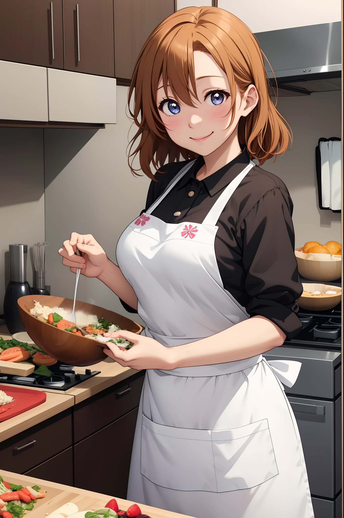 Kousaka honoka、A smile、Cooking in your room、Wearing only an apron、breasts