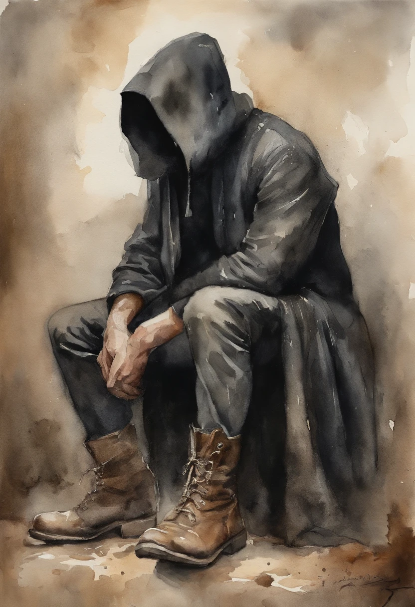 32-year-old male character, Wearing black clothes,Dirty sturdy boots, Wear pants, waistcoat, Wearing a black overcoat with a hood that covers the head, Cloth mask covering his face