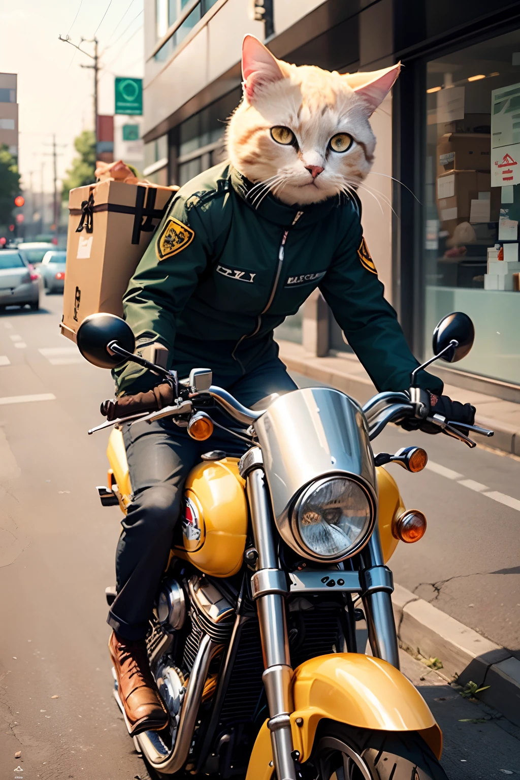 A cute round-eyed cat rides a motorcycle in a courier's uniform, deliver goods, streetview. --auto