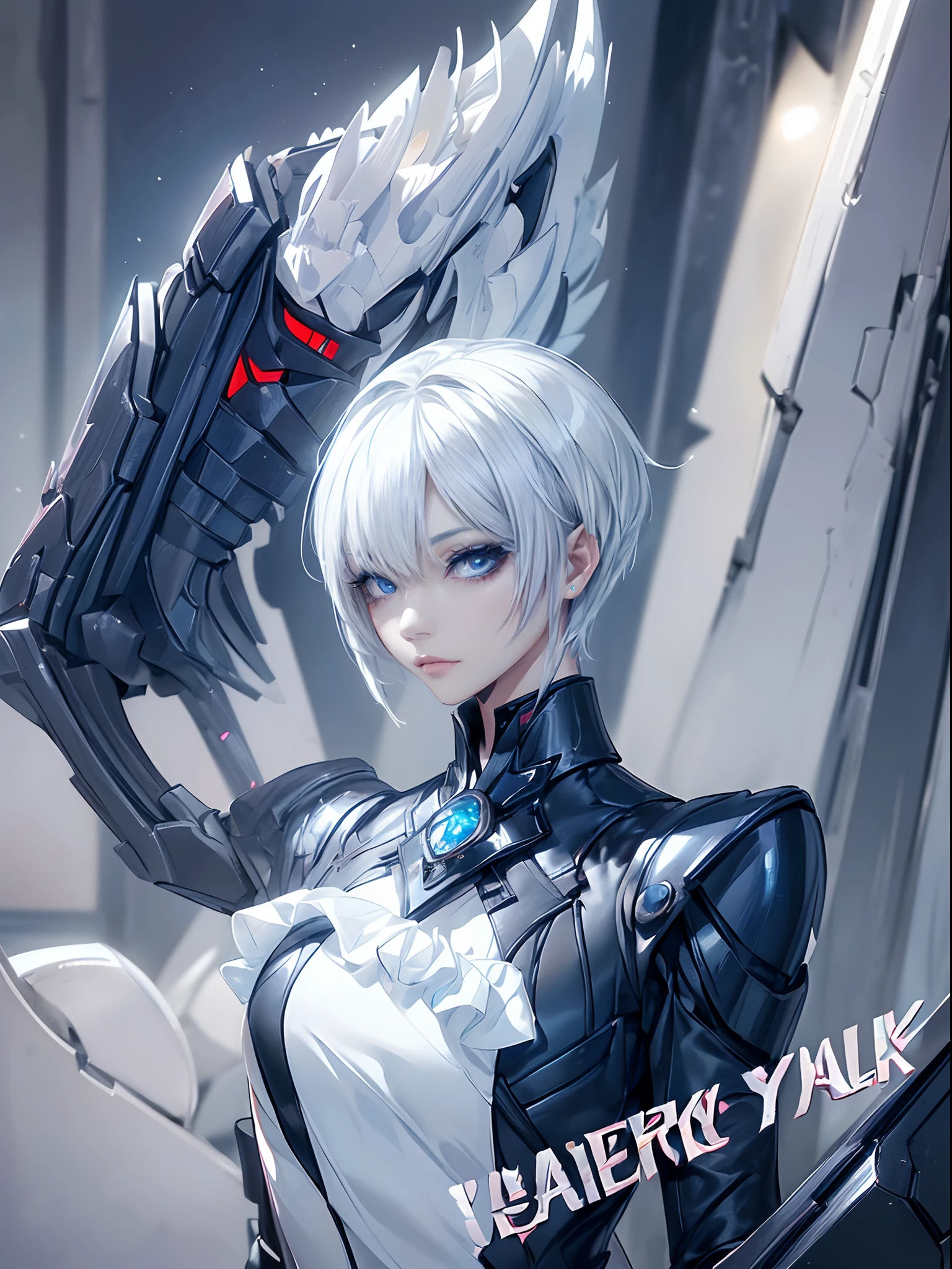 ((4K works))、masterpiece、(top-quality)、1 beutiful girl、Slim body、tall、((Black charming villain style))、(Detailed beautiful eyes)、Daytime city、((in the task))、((Face similar to Carly Rae Jepsen))、((Short-haired white hair))、((Smaller face))、((Neutral face))、((Bright blue eyes))、((American adult women))、((Adult female 26 years old))、((cool lady))、((Like a celebrity))、((Wild look))、((Korean Makeup))、((elongated and sharp eyes))、((Happy dating))、((boyish))、((Upper body photography))、Professional Photos、((Shot alone))、((Villain))、((Fallen Angel))、Black eyeshadow、horor