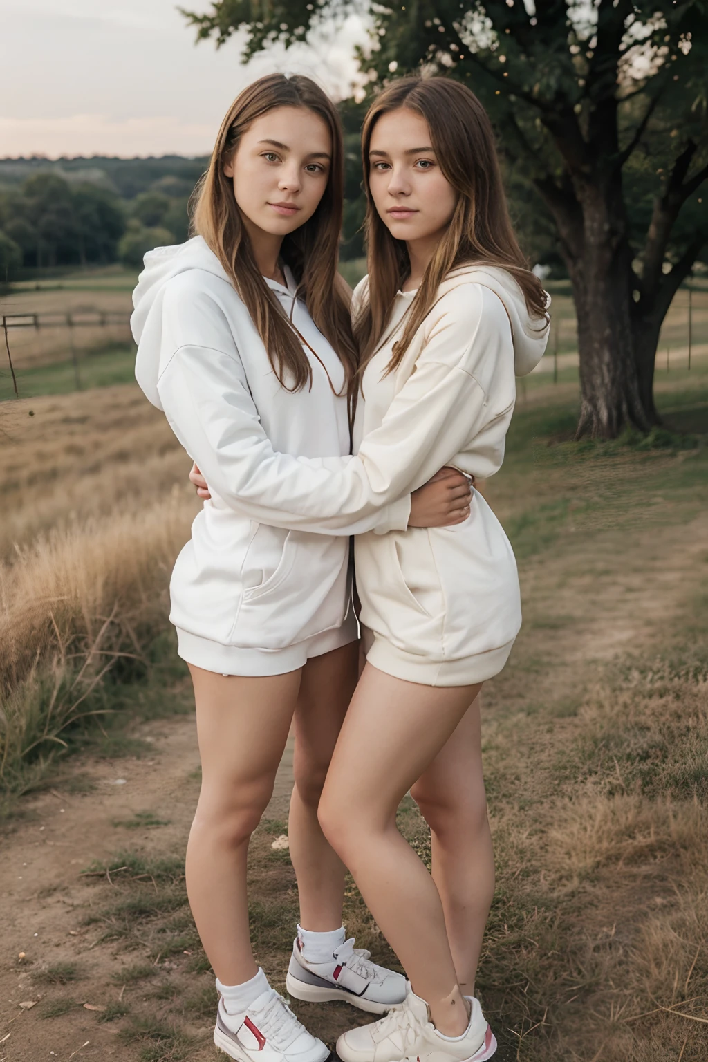 countryside, grassfield, afternoon warm light, relaxed atmosphere, 2girls, high school girls, lesbian, hugging, 18 years old, naked full body, wearing only a hoodie, white sneakers, open hoodie, showing tits, topless, bottomless, small tits, standing, beautiful innocent face, long hair, blonde hair, 16k, photorealistic, real photo, nikon d800