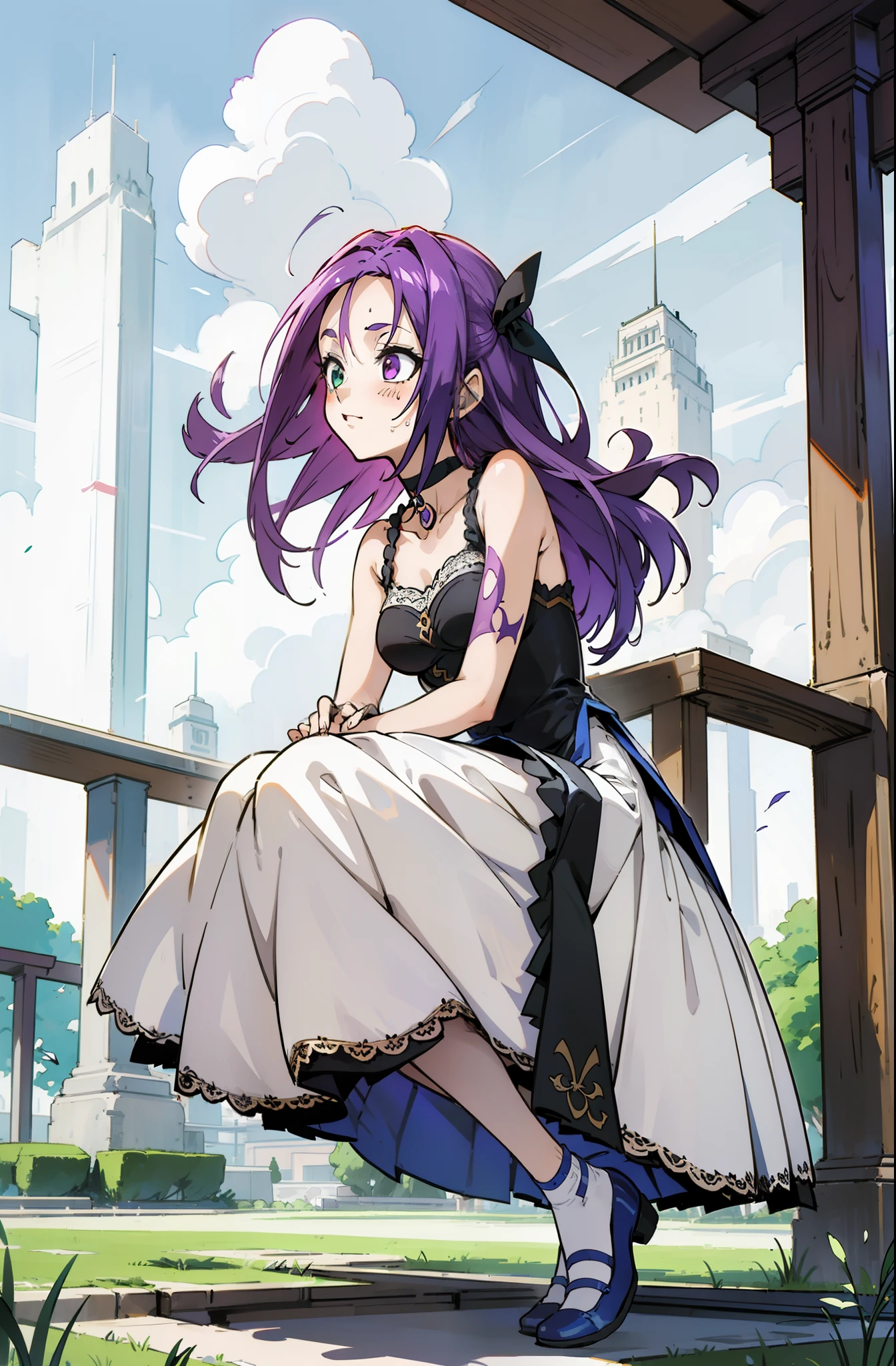 Colorful, Up-close, purple color  hair, Ultra-realistic hair quality, Vibrant colors, Young Girl, 14years old girl, Beautiful long hair, Shiny hair, detailed hairs, Hair Ribbon, Single-sided up, Reo Mikage, Blue Lock, no sleeves, Sleeveless, Open shoulders, Cinderella, Drawing, Panniers and Cinderella, Cinderella Dresses, Lace dress, long-one-piece dress, White stockings, Lace Leggings, Chest exposure, Lace underwear, Metamorphosis is exposed, Choker, Black Choker, complete fingers, Five Fingers, Two arms, Two hands, The tattoo, body tattoo, arm tattoos, Blue Rose Tattoo, Tattoo on the wrist, Tattoo on the thigh, Relative area, Sexy breasts, Big breasts, red blush, 1girl in, Solo, Sharp face, Heterochromia, Green eyes, Purple eyes, Bare neck, Happy face, lightsmile, Skirt in dress, Panniers in dresses,Sitting on the premises, Scenery of Shanghai, Castles, crouching down, Bare legged, Sandals, masutepiece, Ultra-detailed, Hyper-detailing, Best Quality