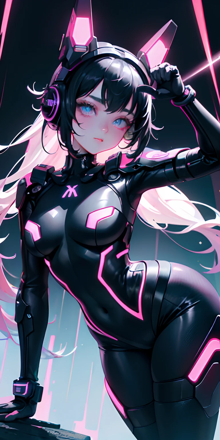 top-quality))、((masterpiece)、Close-up of people、Buttock emphasis、cyberpunked、Big buttocks、Electronic visor attached to -yeld gis face with emphasis on buttocks、Cyberpunk Fashion、Sexy Posing、(Wearing white body spats on lower body、Breasts enlarged、Neon lights in dark city at night、Versatile sexy poses
