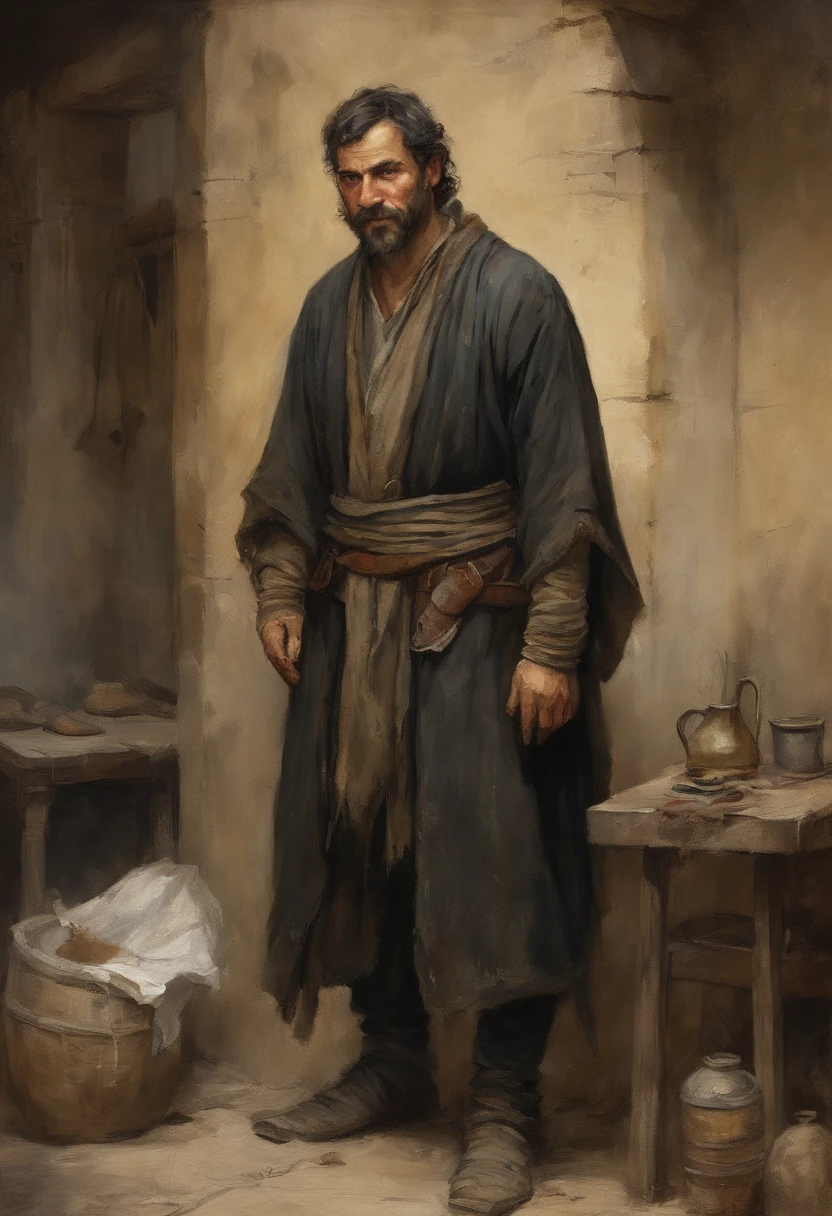 A man of about 30 years old with an air of mystery and sharp eyes, Black hair, Japanese and Latin races, Empty body, with a slightly worn complexion and a small belly,, He wears a patch, Scruffy beard, His hair is long and disheveled, of a dark and defiant tone, Falling with strands on his face. He wears worn-out and torn adventurer's clothes, He wears a worn-out dirty black robe hanging from his shoulders, His boots are covered with mud and dirt, Cigarette in his hands, ((In a medieval brothel with tables and prostitutes laughing in the background, Bottles and old beer mugs fell to the floor)