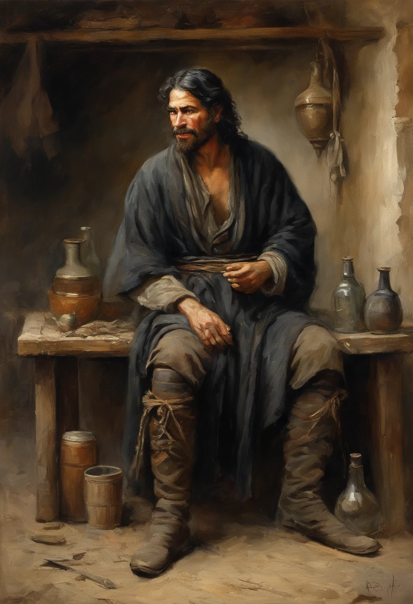A man of about 30 years old with an air of mystery and sharp eyes, Black hair, Japanese and Latin races, Empty body, with a slightly worn complexion and a small belly,, He wears a patch, Scruffy beard, His hair is long and disheveled, of a dark and defiant tone, Falling with strands on his face. He wears worn-out and torn adventurer's clothes, He wears a worn-out dirty black robe hanging from his shoulders, His boots are covered with mud and dirt, Cigarette in his hands, ((In a medieval brothel with tables and prostitutes laughing in the background, Bottles and old beer mugs fell to the floor)