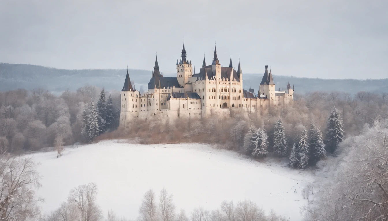 eastern european castle surrounded by fields forest and snow, gothic feel, winter, medieval Hungary, cinematic scene from film,