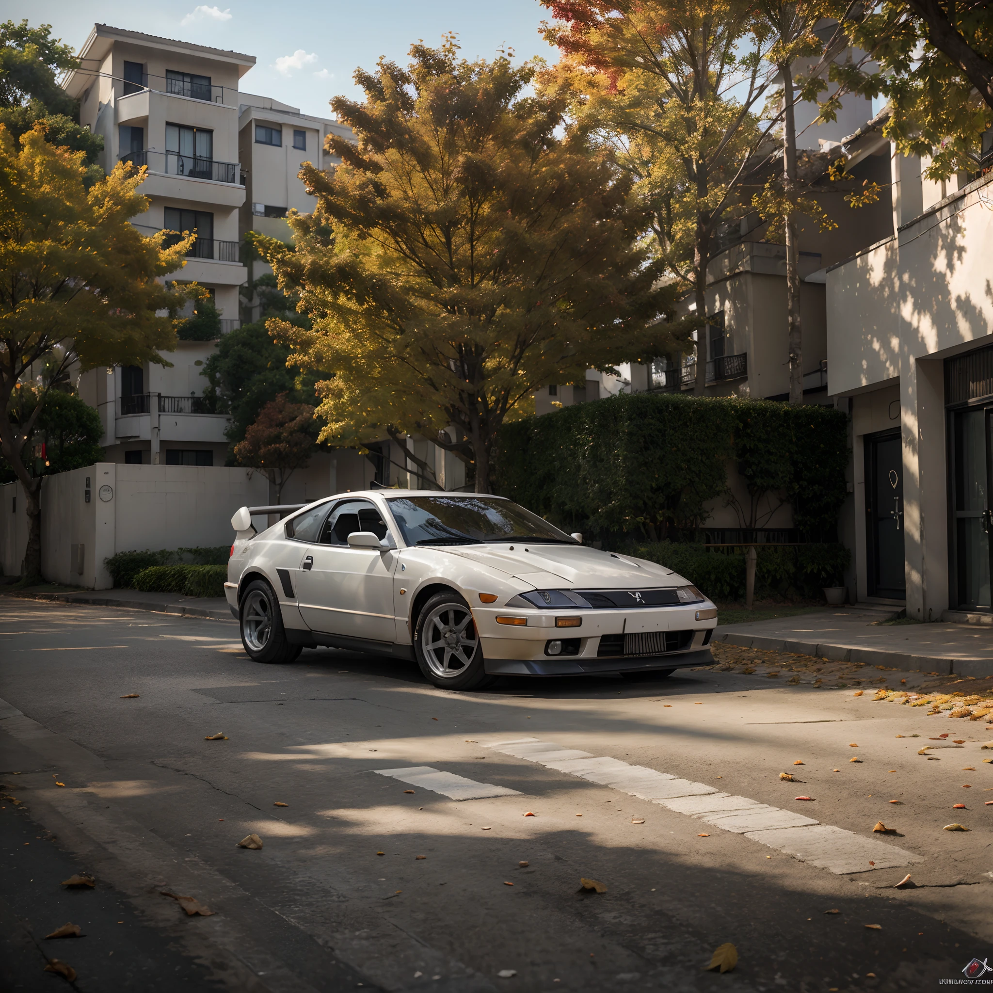 300ZX, white,Drift car parked on a street covered with foliage in autumn (city:1.3), Fall, Global Illumination, Volumetric lighting, Best Quality, Highly detailed, .CGI, Illustration, Octane Render,
