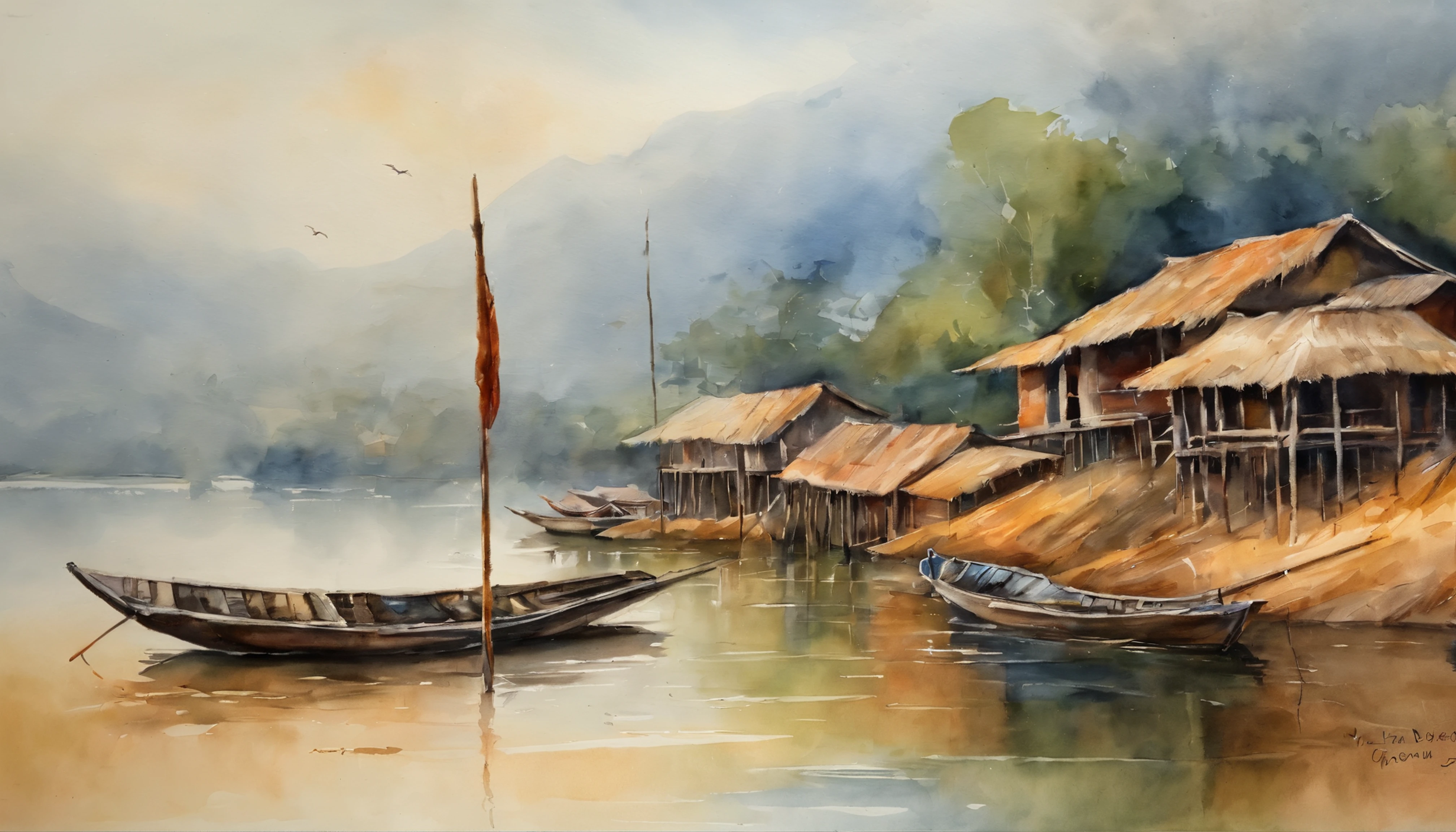 uma pintura de Inle de MYANMAR, uma vista de uma pequena vila de peescadores nas margens de um rio com um barco de pesca, Casas de madeiras, Rustic, de uma pequena vila de pescadores, com redes de pesca sobre varais de paus, set de filmagem", cabanas de bambu, casas de taipa e alvenaria