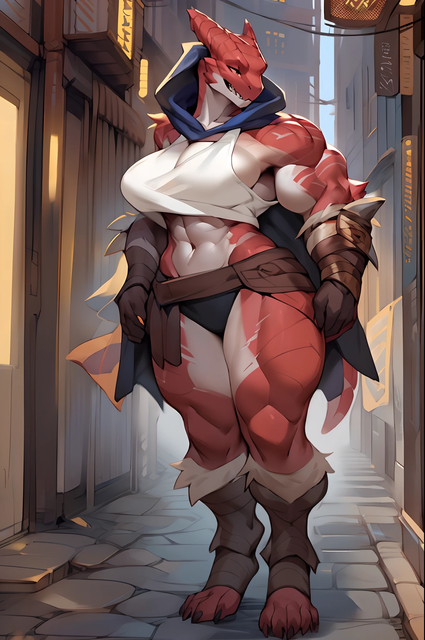 Solo, female, standing, ((muscular, giant, tall, massive, enormous, gigantic, huge, buff, muscular, biceps)), big breasts, red alligator, large head, big jaws, By bebebebebe, by buta99, by chunie, by sonsasu, by danza, alleyway, red skin, , loose tank top, cloak, pullove, coat,, barbarian,barbarian, full body