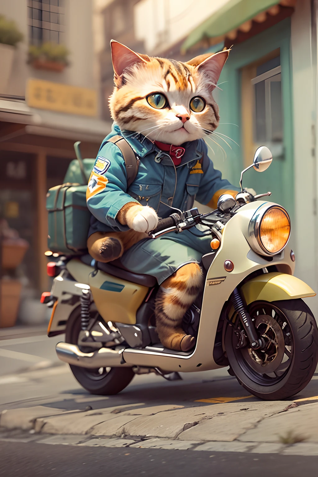 A cute round-eyed cat rides a motorcycle in a courier's uniform, deliver goods, streetview.