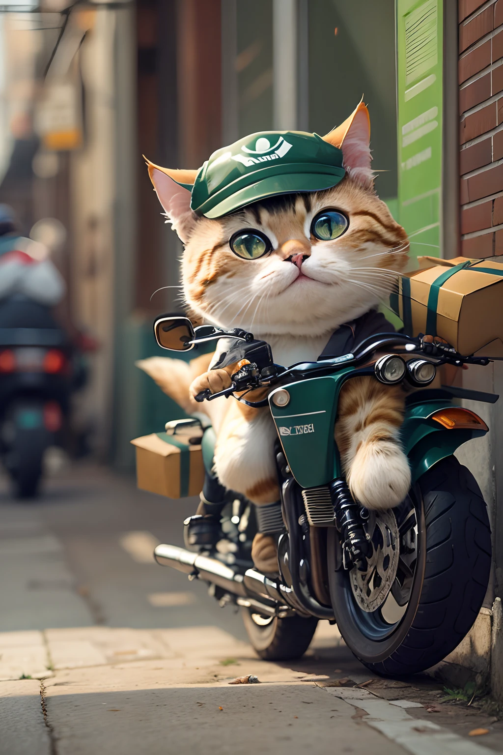 A cute round-eyed cat rides a motorcycle in a courier's uniform, deliver goods, streetview.