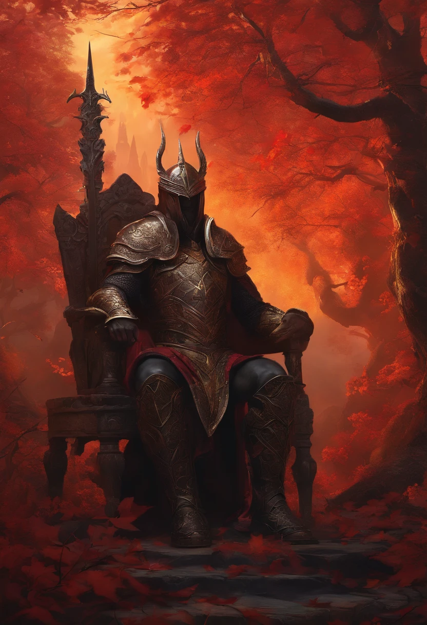 (best quality,4K,highres,masterpiece:1.2),ultra-detailed,dark fantasy,medieval,, 1 white male bodybuilder with bald head and black beard, and a queen,dressed in black armor covered in darkness,sitting on a large,single throne made from a gigantic mystical tree,ominous atmosphere,regal,menacing aura,golden accents,ornate carvings,torch-lit background,haunting shadows,intense stare,commanding presence,formidable warriors,sharp,pointy spiked armor,elaborate helmets,gleaming swords,crown adorned with precious gems,enchanted forest surrounding the throne,mystical energy pulsating,ominous mist,menacing ravens perched on branches,thick tree roots intertwining,crimson leaves falling in the background,dark crimson sky,shrouded in mystery and power.