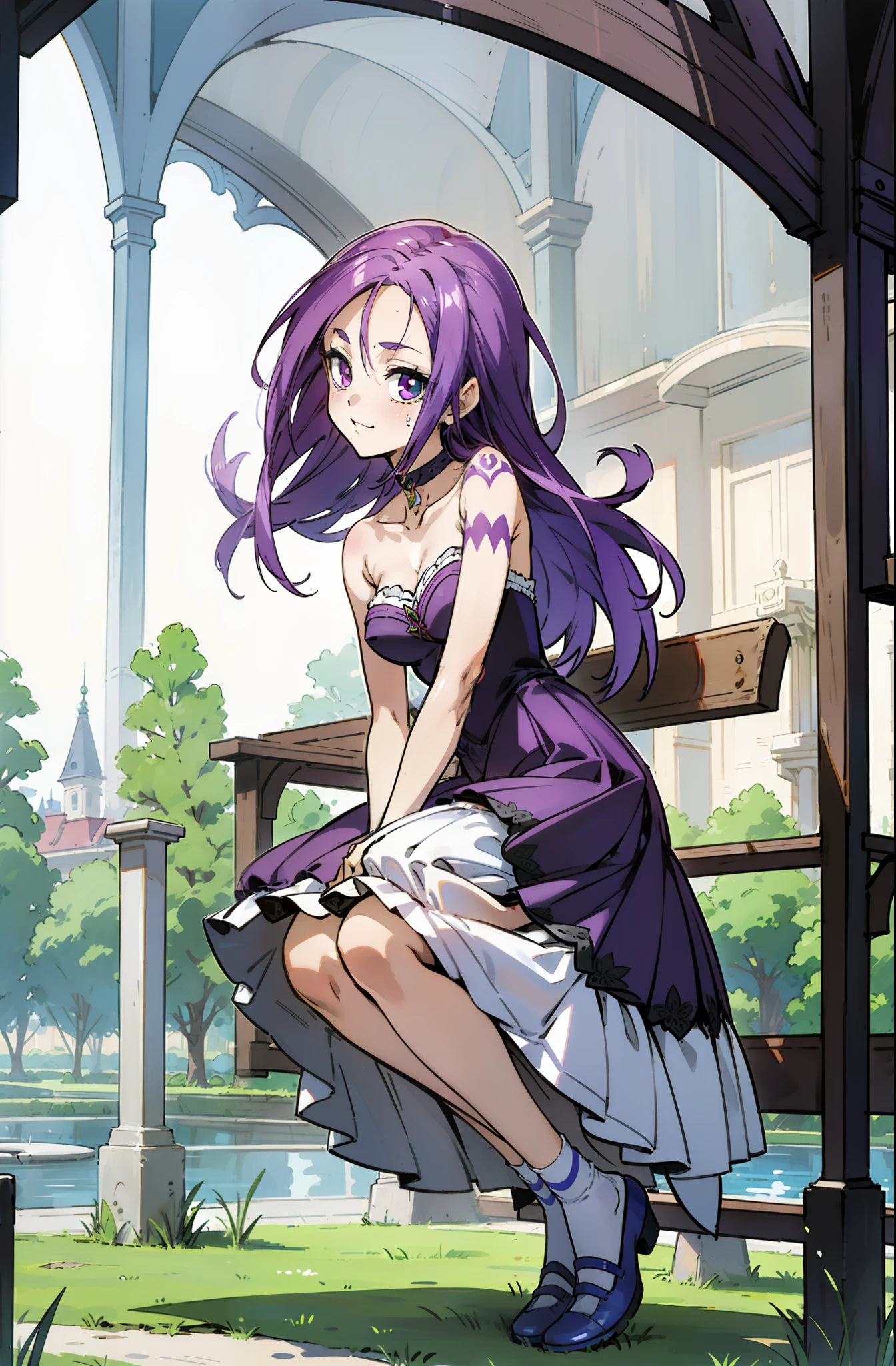 Colorful, Up-close, purple color hair, Ultra-realistic hair quality, Vibrant colors, Young Girl, 14years old girl, Beautiful long hair, Shiny hair, detailed hairs, Hair Ribbon, Single-sided up, Reo Mikage, Blue Lock, no sleeves, Sleeveless, Open shoulders, Cinderella, Drawing, Panniers and Cinderella, Cinderella Dresses, Lace dress, long-one-piece dress, White stockings, Lace Leggings, Chest exposure, Lace underwear, Metamorphosis is exposed, Choker, Black Choker, complete fingers, Five Fingers, Two arms, Two hands, The tattoo, body tattoo, arm tattoos, Blue Rose Tattoo, Tattoo on the wrist, Tattoo on the thigh, Relative area, Sexy breasts, Big breasts, red blush, 1girl in, Solo, Sharp face, Heterochromia, Green eyes, Purple eyes, Bare neck, Happy face, lightsmile, Skirt in dress, Panniers in dresses,Sitting on the premises, Scenery of Shanghai, Castles, crouching down, Bare legged, Sandals, masutepiece, Ultra-detailed, Hyper-detailing, Best Quality