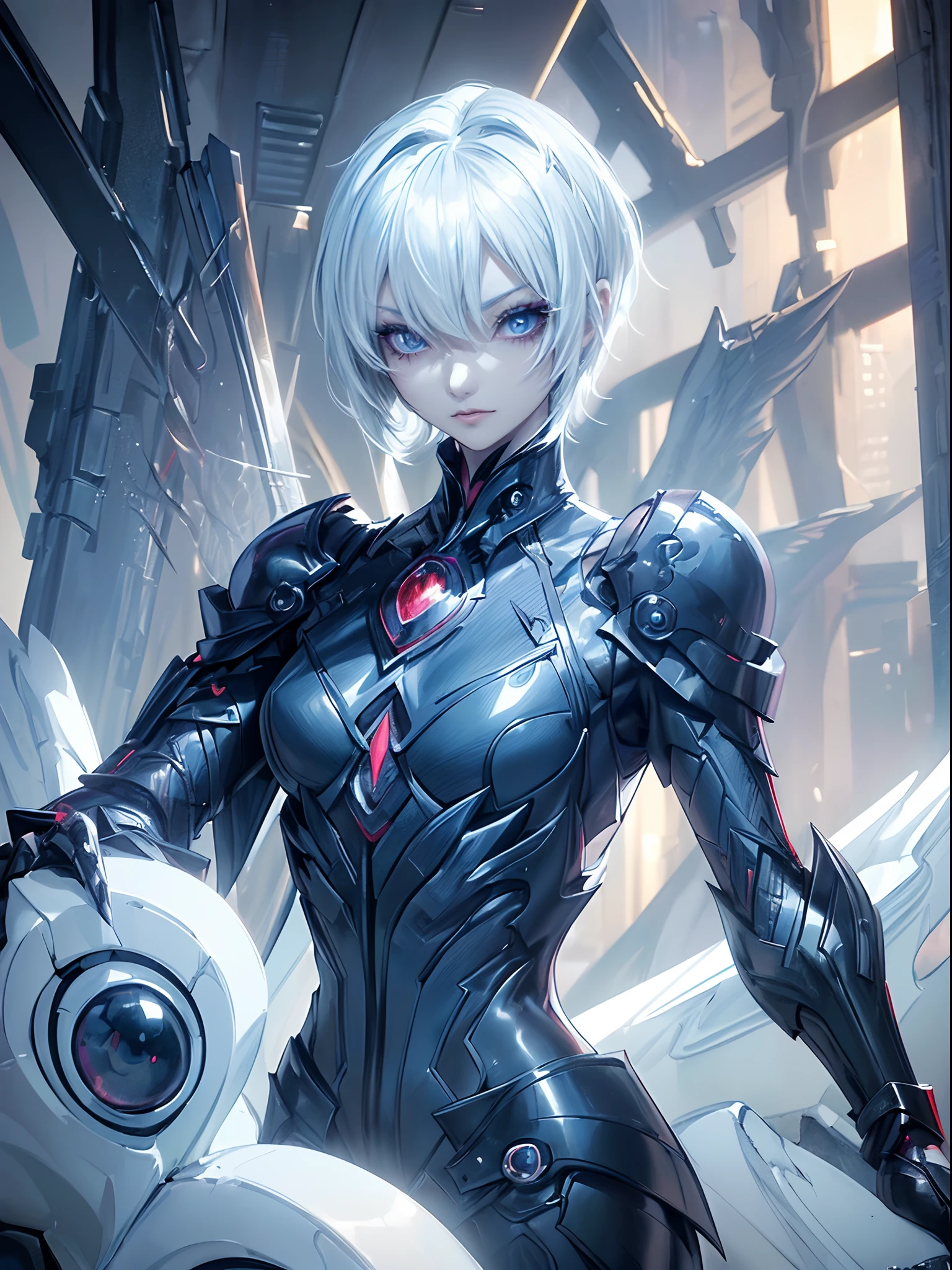 ((4K works))、masterpiece、(top-quality)、1 beutiful girl、Slim body、tall、((Black charming villain style))、(Detailed beautiful eyes)、Daytime city、((In the task))、((Face similar to Carly Rae Jepsen))、((Short-haired white hair))、((Smaller face))、((Neutral face))、((Bright blue eyes))、((American adult women))、((Adult female 26 years old))、((cool lady))、((Like a villain))、((Wild look))、((Black Korean Makeup))、((elongated and sharp eyes))、((Happy dating))、((boyish))、((Upper body photography))、Professional Photos、((Shot alone))、((Villain))、((Fallen Angel))、Black eyeshadow、horor