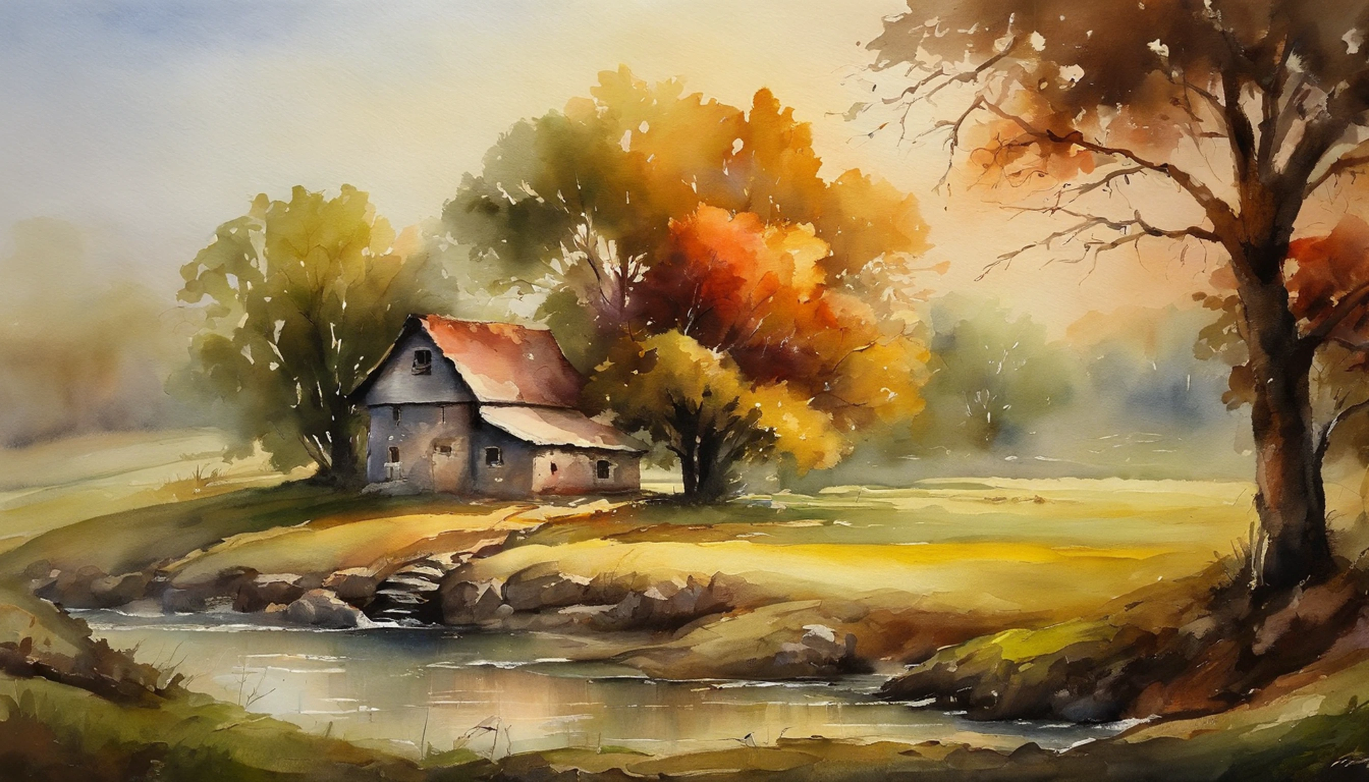 A farm house under the big tree beside the stream, Sunrise, bullock cart , Oil painting, classic style, rich colors, brushstrokes, vibrant textures, expressive portraits, dynamic composition, capturing light and shadow, artistry, timeless beauty.
