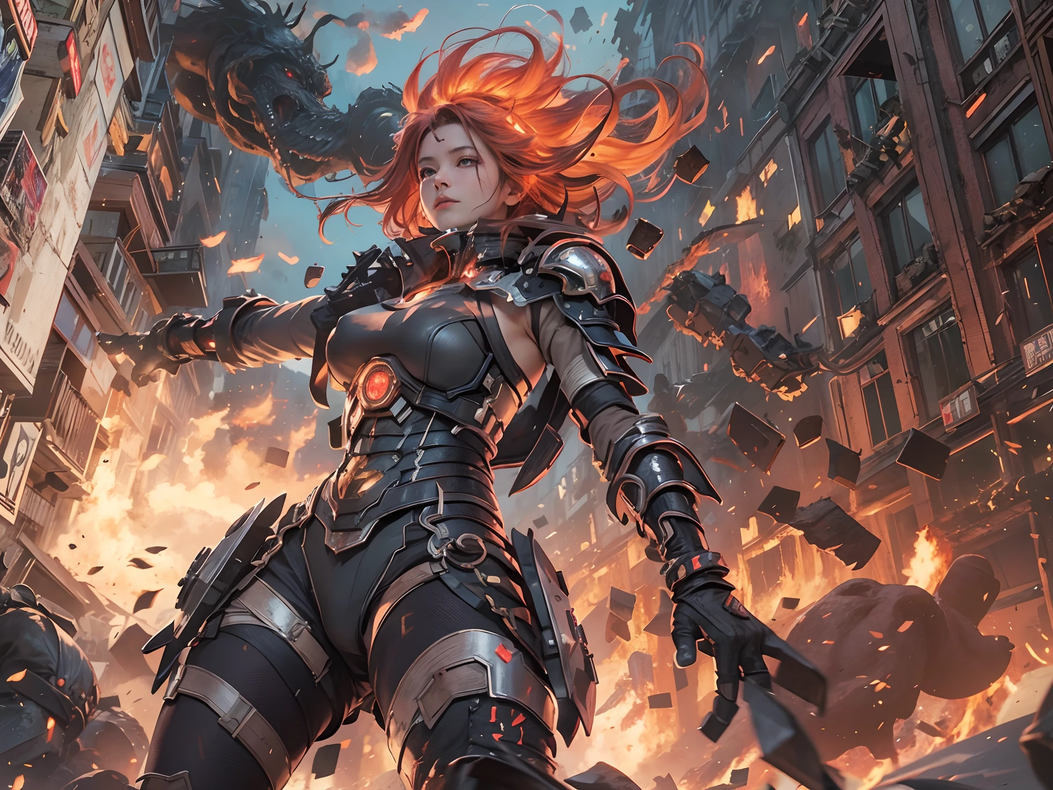 view of the royal city with a giant in the middle, giant in the middle of the city, destroyed city, fire city, The giant had long curly red hair, was wearing iron armor and boots, Very angry giant, very tall, 100 feet tall, full body version Giant, (one piece style art), ultra detailed, hd, motion blur, lighting