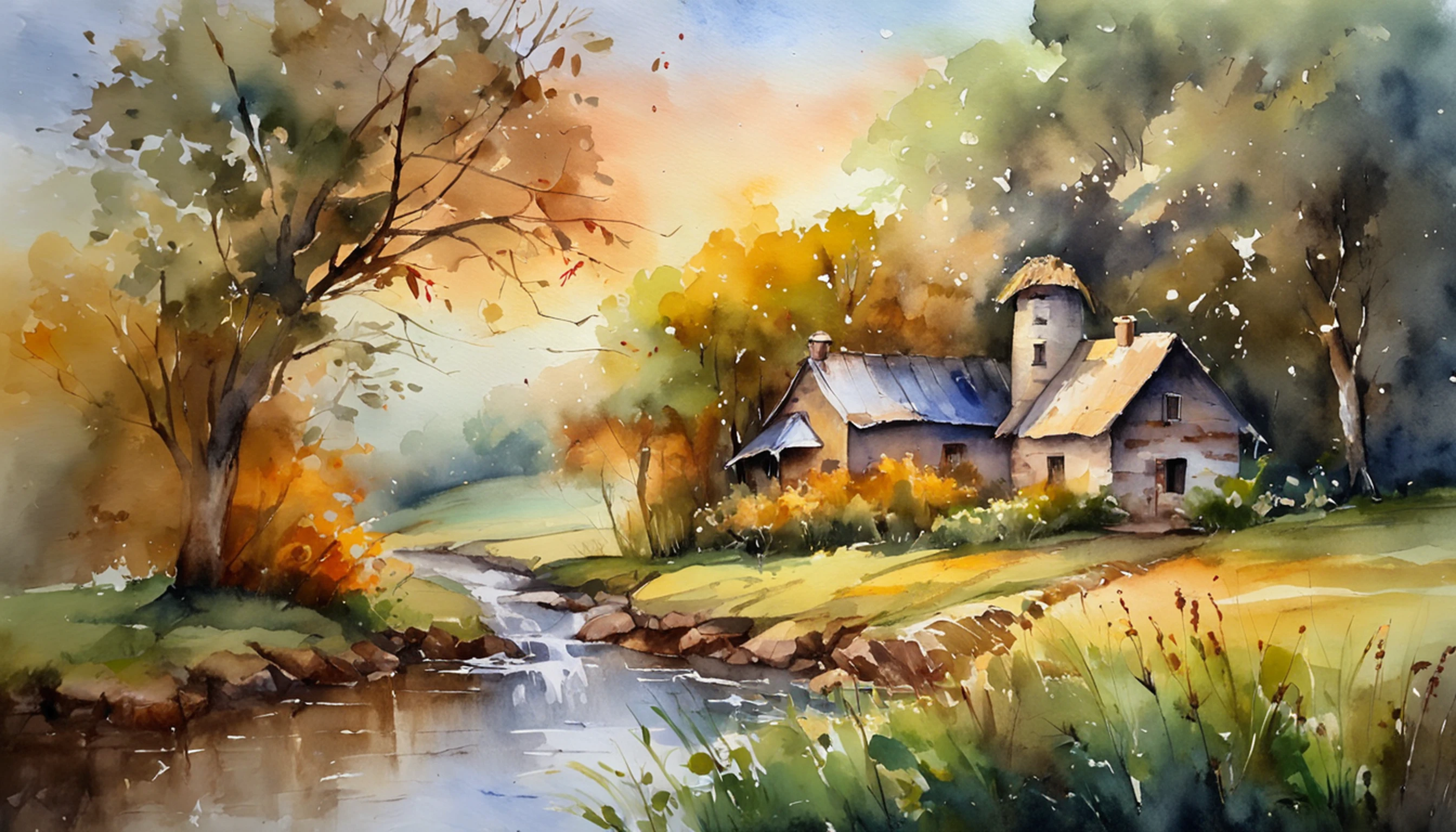 A farm house under the big tree beside the stream, Sunset,  Oil painting, classic style, rich colors, brushstrokes, vibrant textures, expressive portraits, dynamic composition, capturing light and shadow, artistry, timeless beauty.