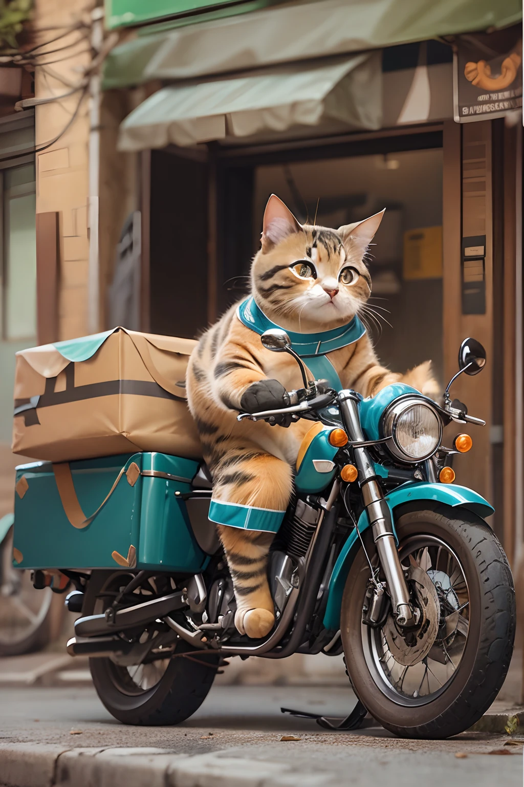 A cute round-eyed cat rides a motorcycle in a courier's uniform, deliver goods, streetview.