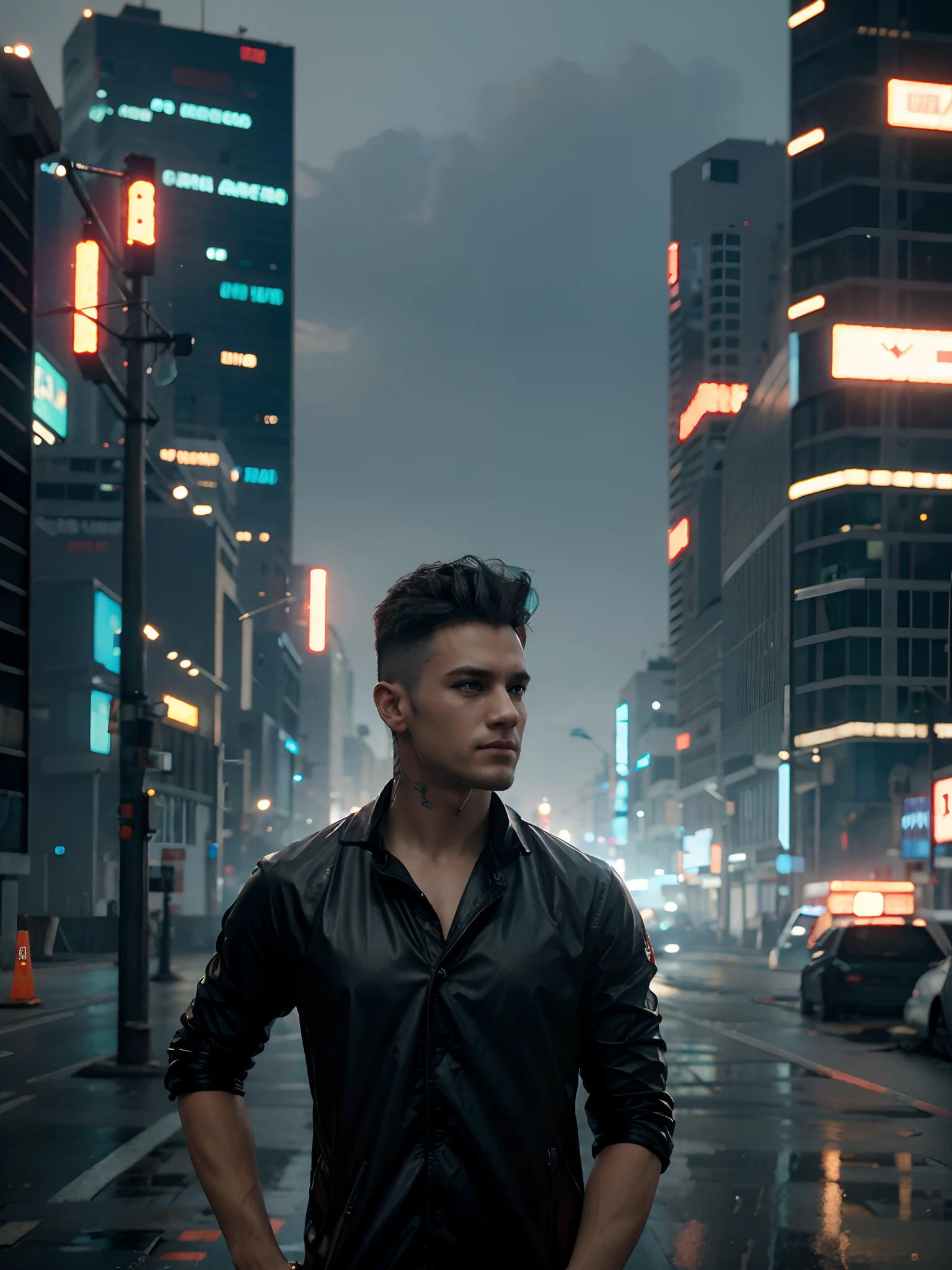 Change background to cyberpunk city handsome boy, realistic face, 8K, ultra realistic.