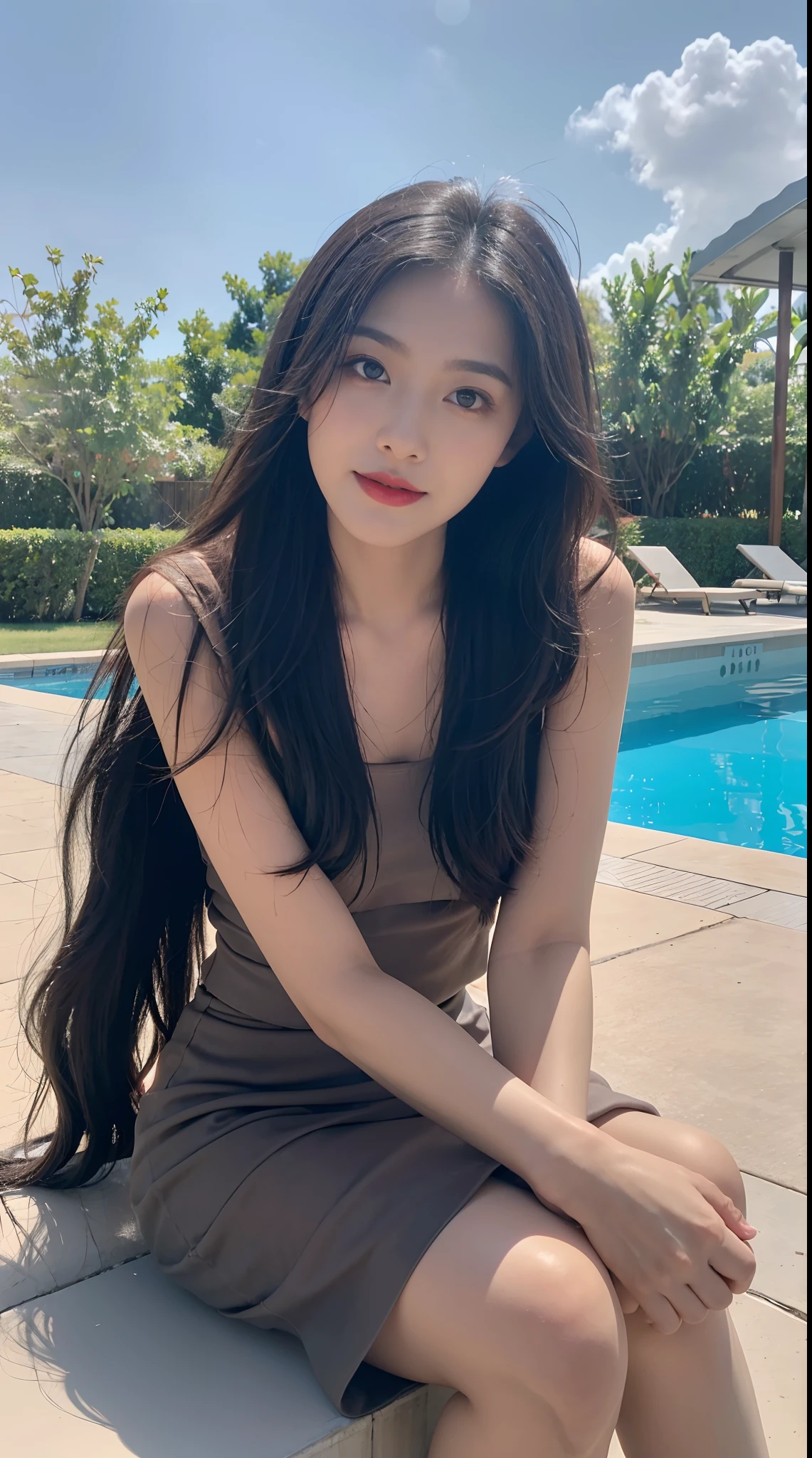 best qualtiy, 8K, tmasterpiece:1.3)), A pretty maiden,Pure,Melon seed face,gentle and cute,A sweet smile,Pure desire,Thin stature,(frontage),(Tilt your head),staring right into camera,uniform, Obi, formal,Black silky long, Straight hair,Long hair flowing over the shoulders,round black big eyes,Clear big eyes,Hydrated red lips,Sweet,Sitting next to the pool,with blue sky and white clouds,Blue skies,