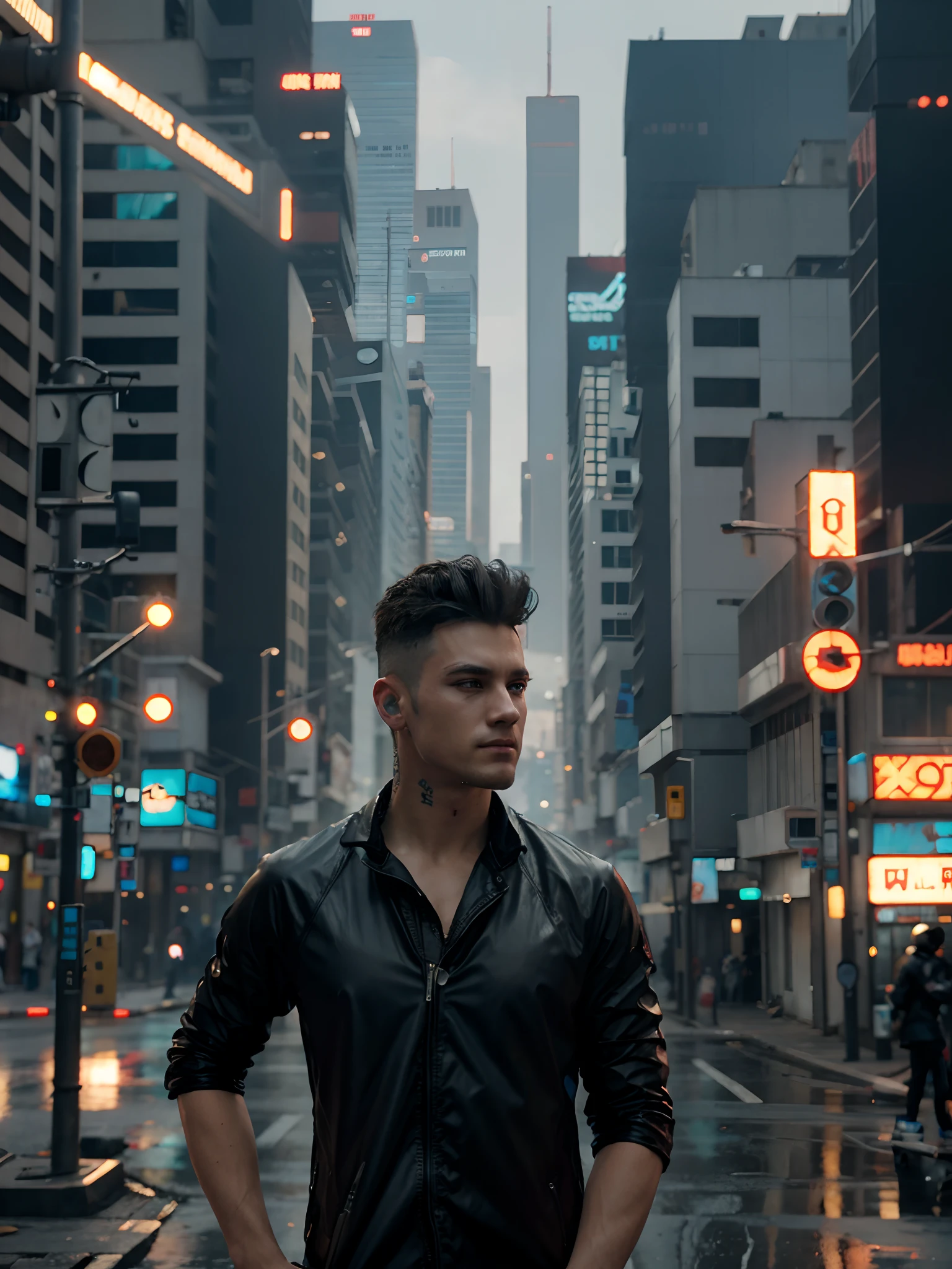 Change background to cyberpunk city handsome boy, realistic face, 8K, ultra realistic.
