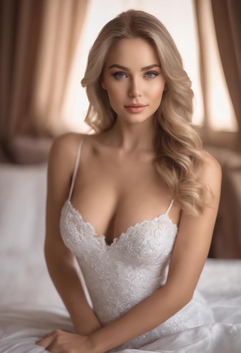 Arafed Full Woman, Sexy Girl with Blue Eyes, , Ultra Realistic, Meticulously Detailed, Portrait of Sophie Mudd, Blonde Hair and Big Eyes, Selfie of a Young Woman, Bedroom Eyes, Violet Myers, No Makeup, Natural Makeup, Looking Directly at the Camera, face artgram, subtle make-up, Impressive photo of the whole body kneeling on the bed, In the bedroom, Medium and large size chest, allowing the face to be seen clearly, portrait