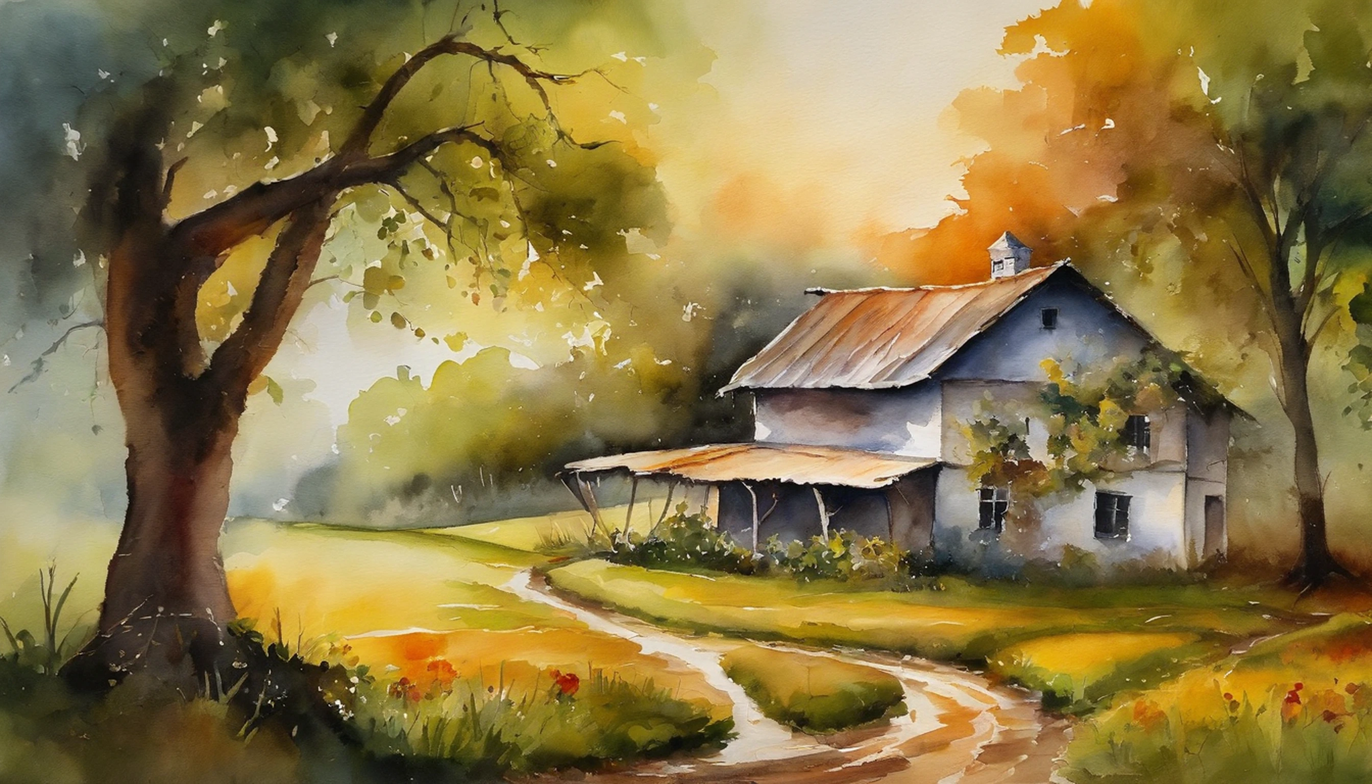 A farm house under the big tree beside the stream, Sunrise, bullock cart ,  Oil painting, classic style, rich colors, brushstrokes, vibrant textures, expressive portraits, dynamic composition, capturing light and shadow, artistry, timeless beauty.