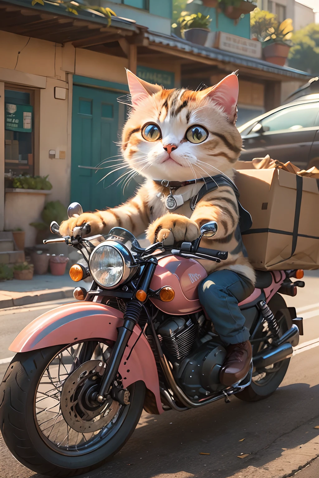 A cute round-eyed cat rides a motorcycle in a courier's uniform, deliver goods, streetview.