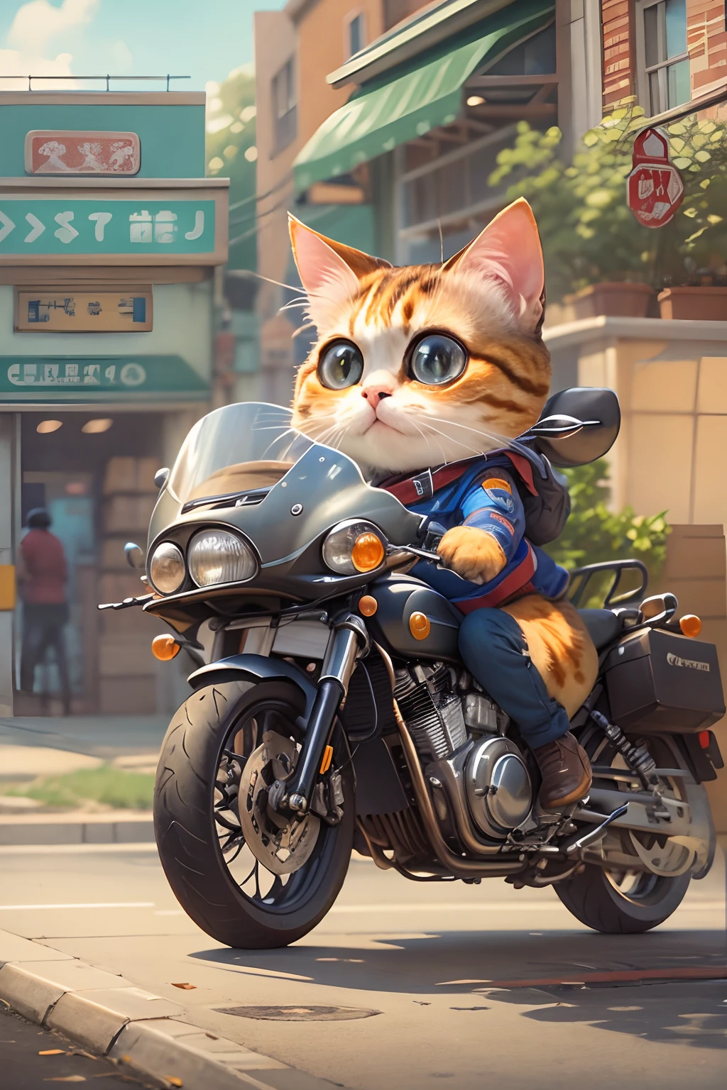 A cute round-eyed cat rides a motorcycle in a courier's uniform, deliver goods, streetview.