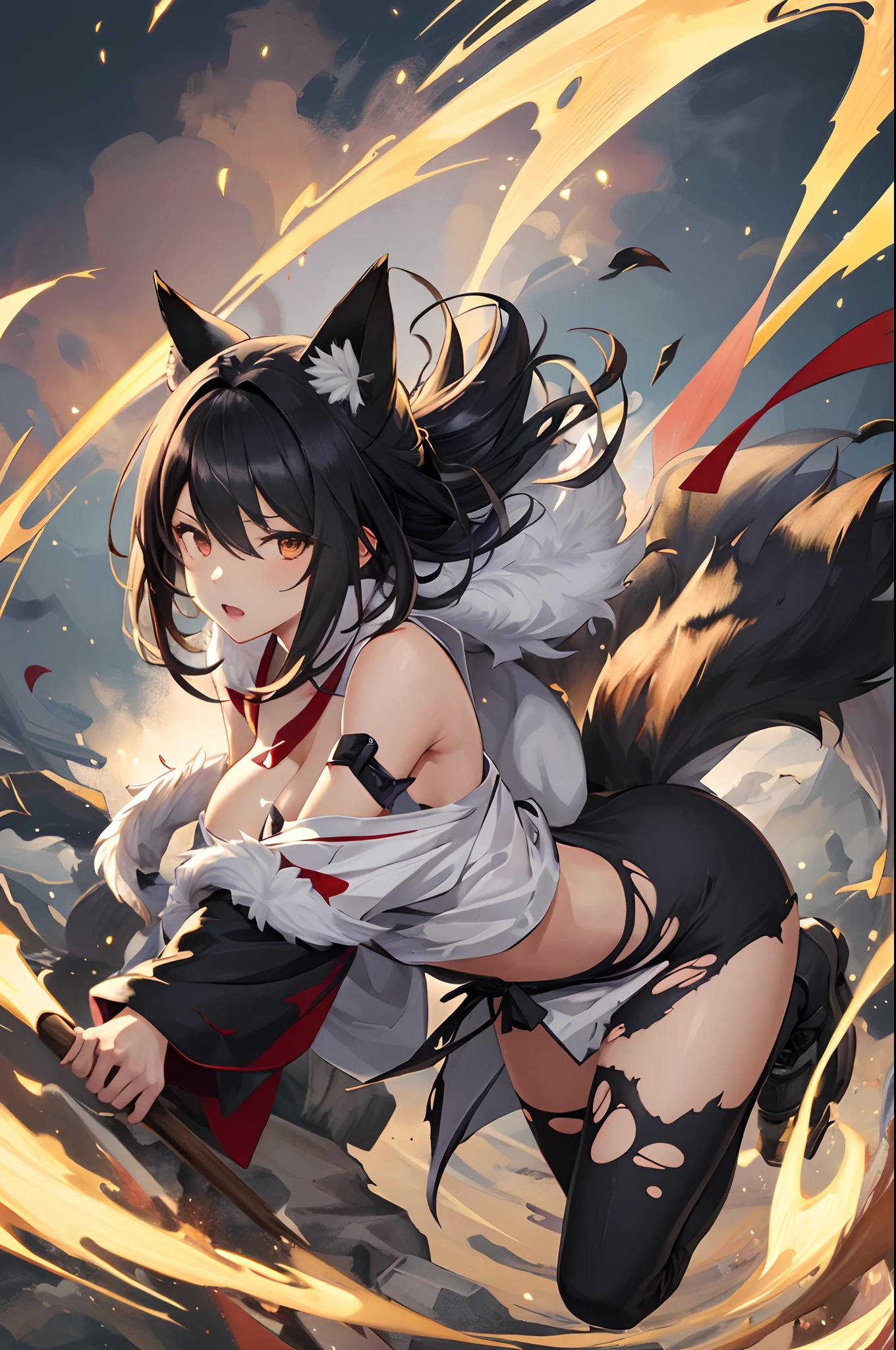 social game, unit illustration, fighting pose, torn clothes, 1girl, solo, breasts, yukata, furry, kemono((animal body, detailed body fur))full body,