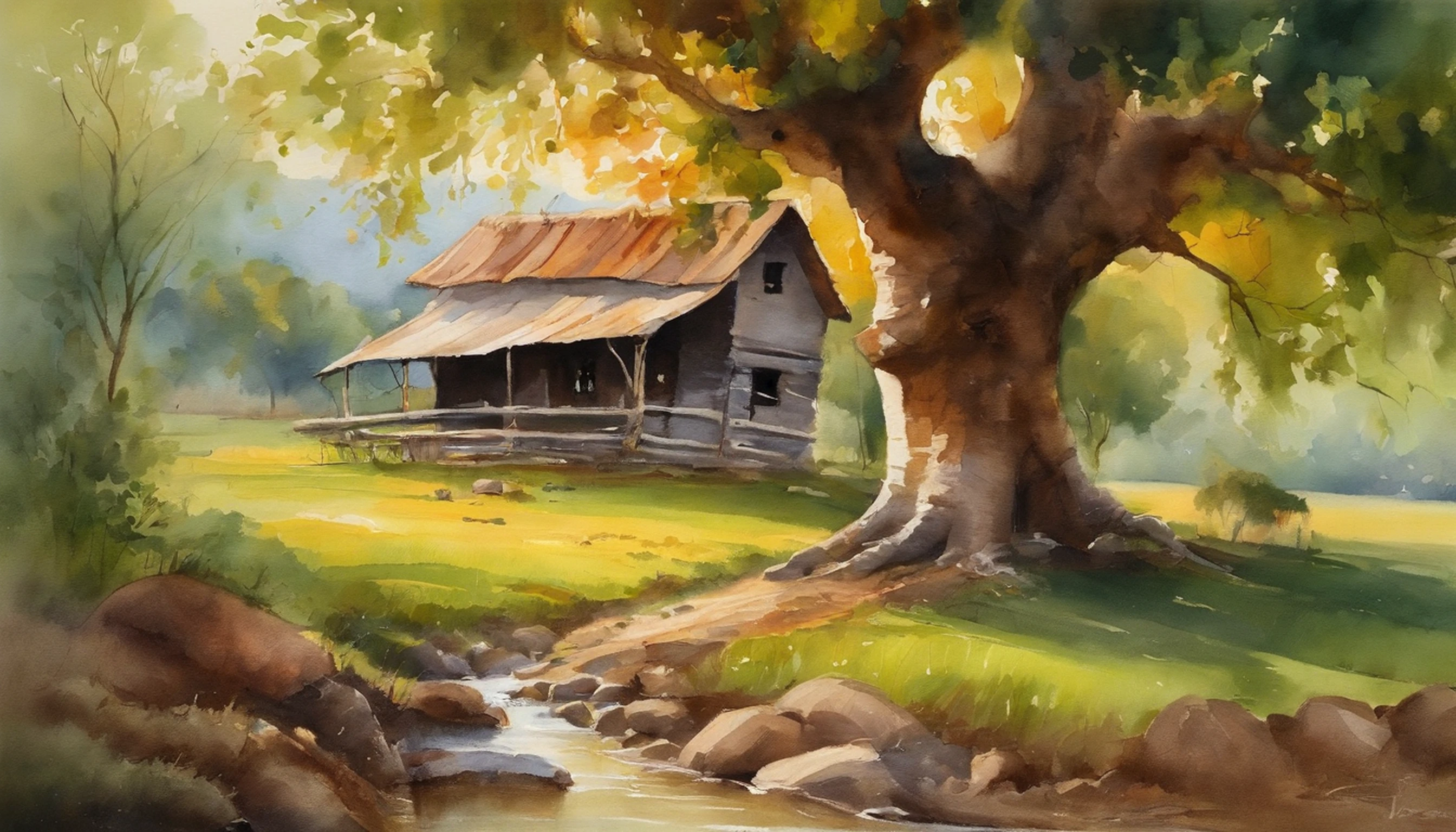 A farm house under the big tree beside the stream, Sunrise, bullock cart ,  Oil painting, classic style, rich colors, brushstrokes, vibrant textures, expressive portraits, dynamic composition, capturing light and shadow, artistry, timeless beauty.