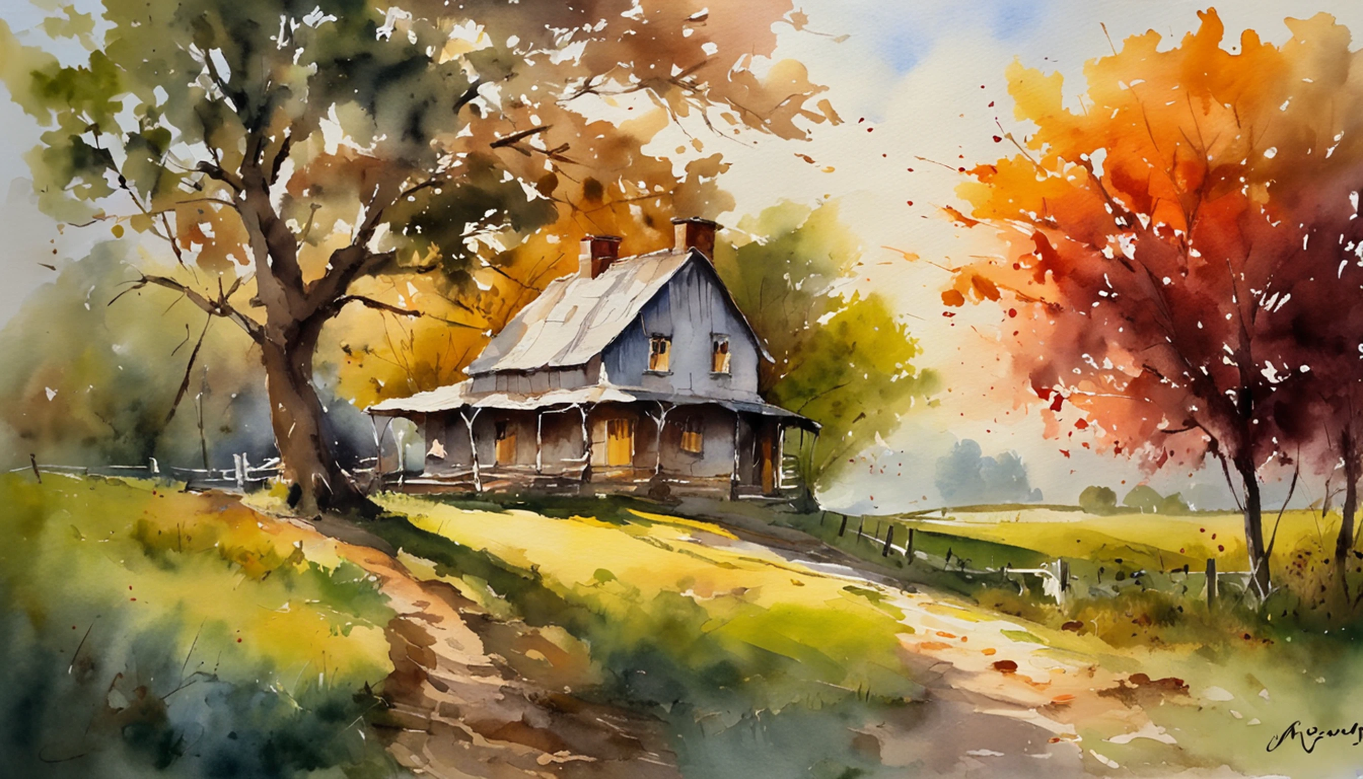 Farmhouse under a big tree by the stream, Sunset, Oil painting, Classic style, Rich colors, Brush Strokes, Vibrant textures, Expressive portrait, Dynamic composition, Capture light and shadow, Artistry, Timeless beauty.