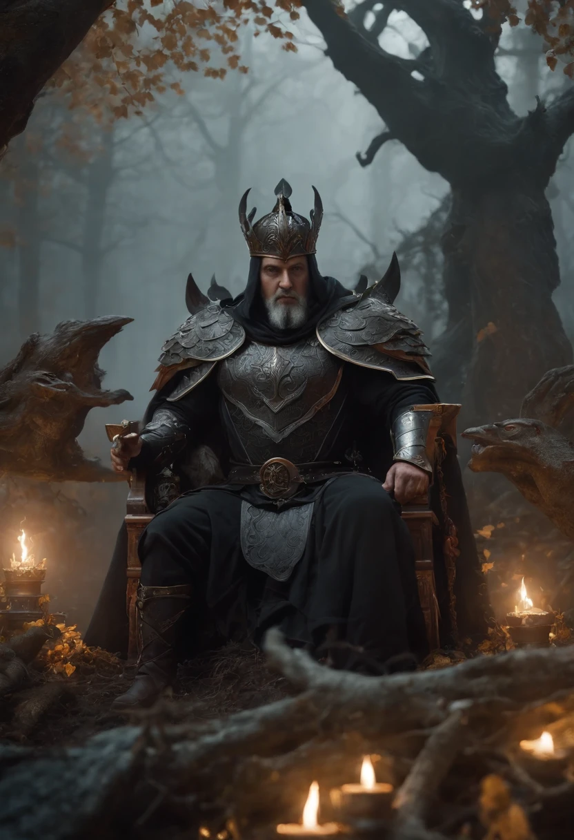 (best quality,4K,highres,masterpiece:1.2),ultra-detailed,dark fantasy,medieval,, 1 white male bodybuilder with bald head and black beard, and a queen,dressed in black armor covered in darkness,sitting on a large,single throne made from a gigantic mystical tree,ominous atmosphere,regal,menacing aura,golden accents,ornate carvings,torch-lit background,haunting shadows,intense stare,commanding presence,formidable warriors,sharp,pointy spiked armor,elaborate helmets,gleaming swords,crown adorned with precious gems,enchanted forest surrounding the throne,mystical energy pulsating,ominous mist,menacing ravens perched on branches,thick tree roots intertwining,crimson leaves falling in the background,dark crimson sky,shrouded in mystery and power.