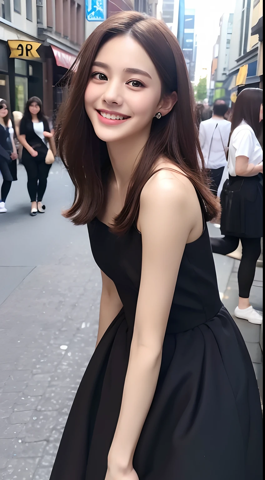 ((Best quality, 8k, Masterpiece :1.3)), 1girl, smiling, full body, slim face, Pretty woman, (Dark brown hair), full length dress :1.1, Ultra-detailed face, Detailed eyes, Double eyelid, blur background, slim face, city, outside, street,