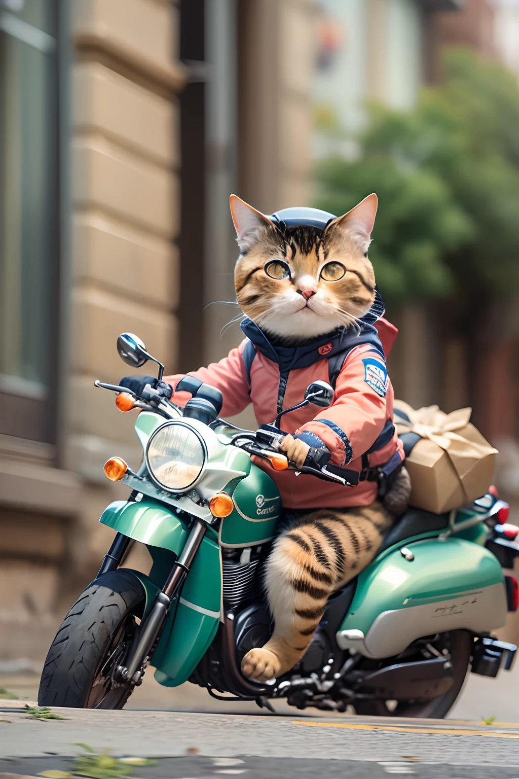 A cute round-eyed cat rides a motorcycle in a courier's uniform, deliver goods, streetview.