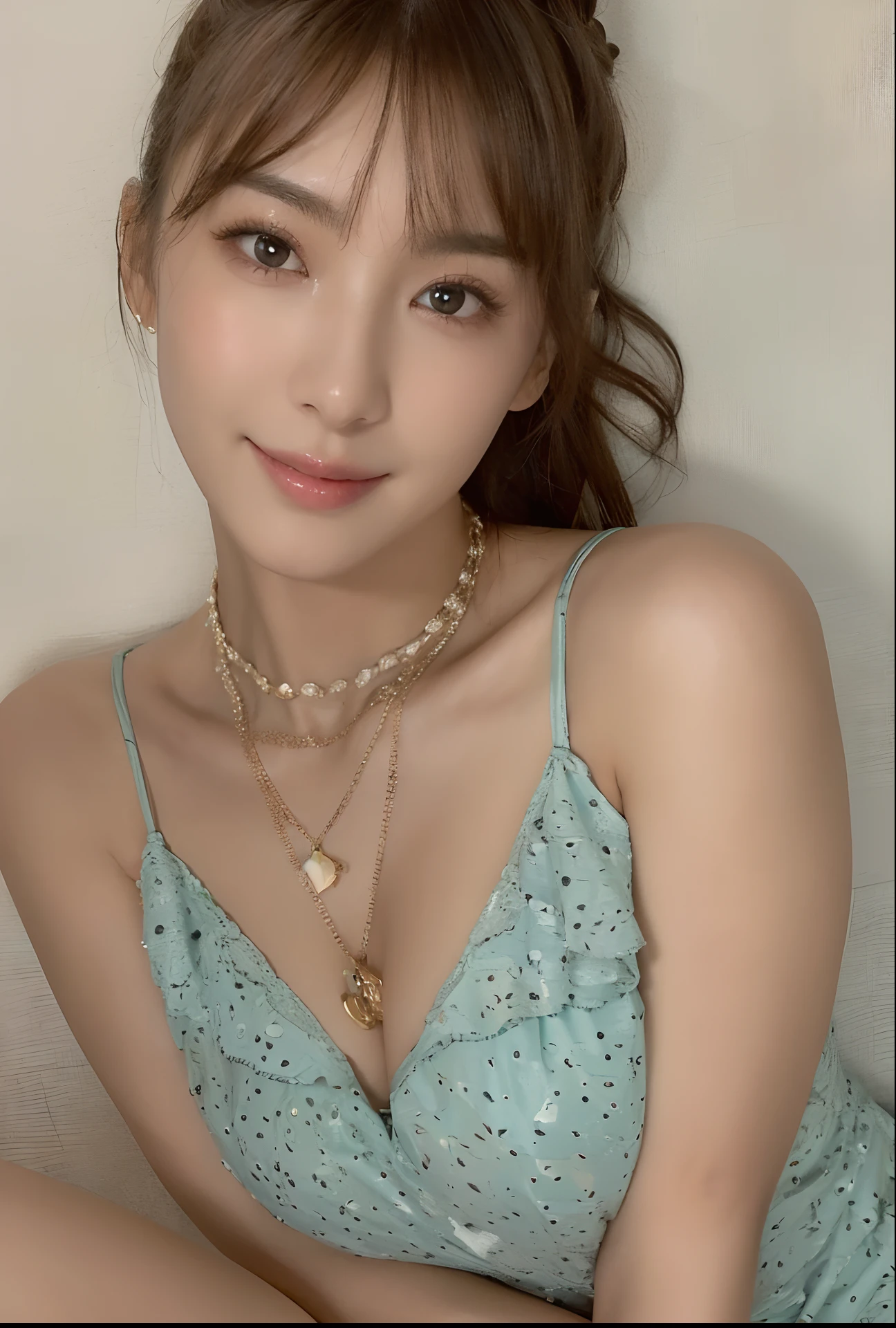 (top-quality、8k、masterpiece:1.3)、Beautiful Women in Perfect Figure:1.4、dark brown hair、extremely detailed face and skin、A detailed eye、二重まぶた、huge tit、a smile、g-cup