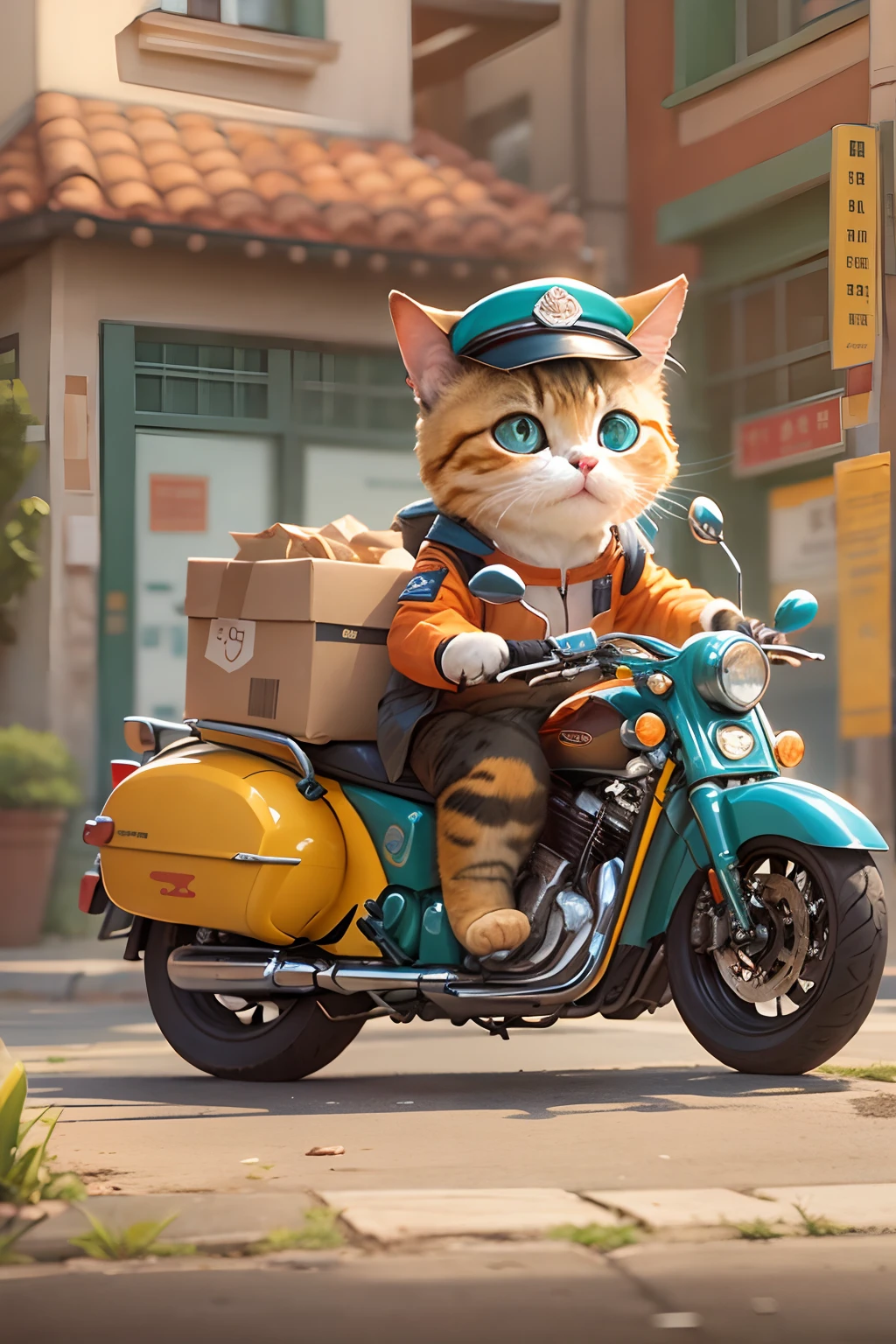 A cute round-eyed cat rides a motorcycle in a courier's uniform, deliver goods, streetview.