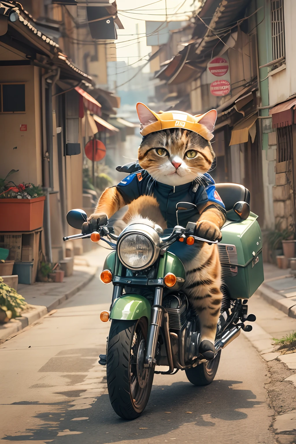 A cute round-eyed cat rides a motorcycle in a courier's uniform, deliver goods, streetview.