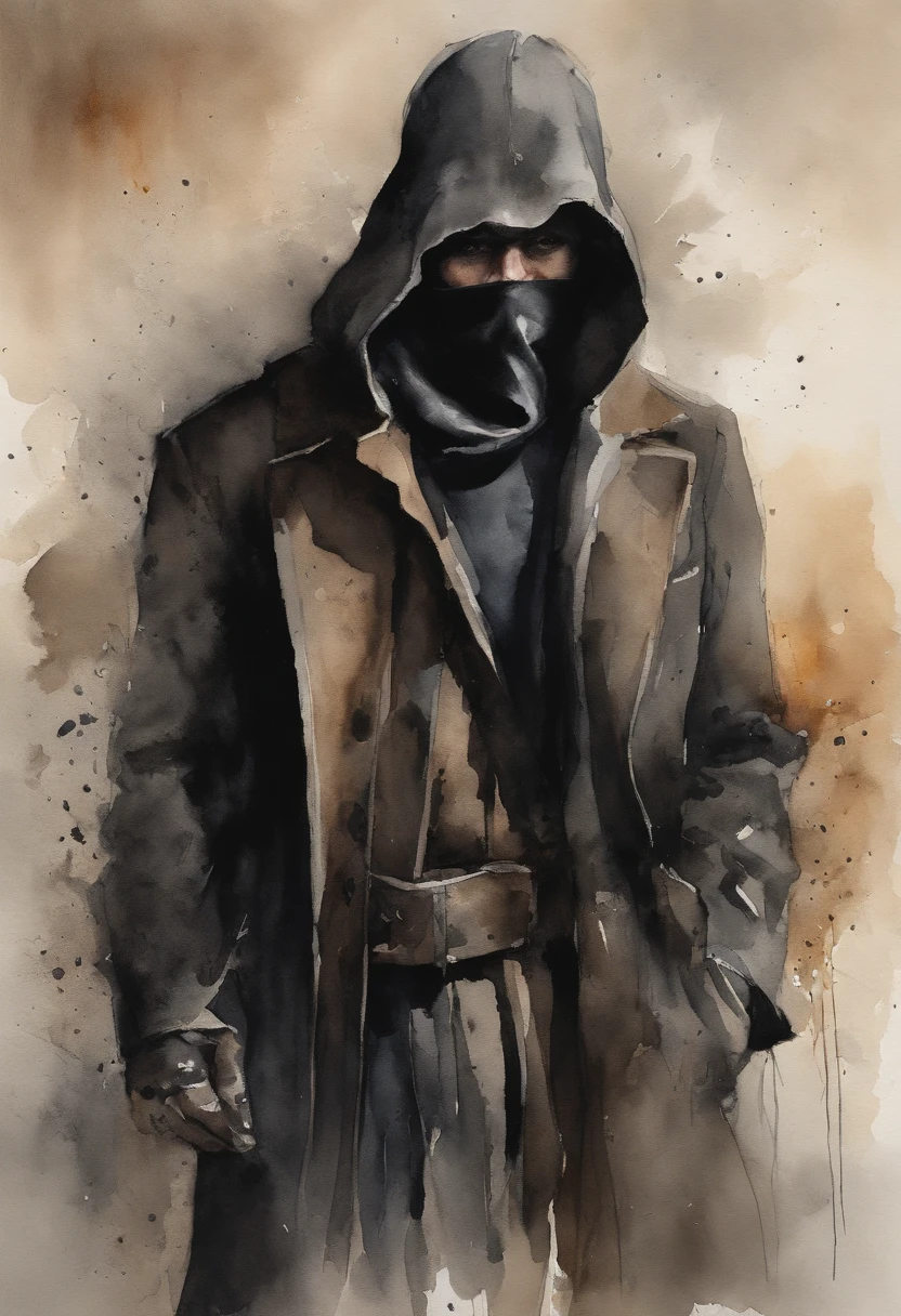 32-year-old male character, Wearing black clothes,Dirty sturdy boots, Wear pants, waistcoat, Wearing a black overcoat with a hood that covers the head, Cloth mask covering his face
