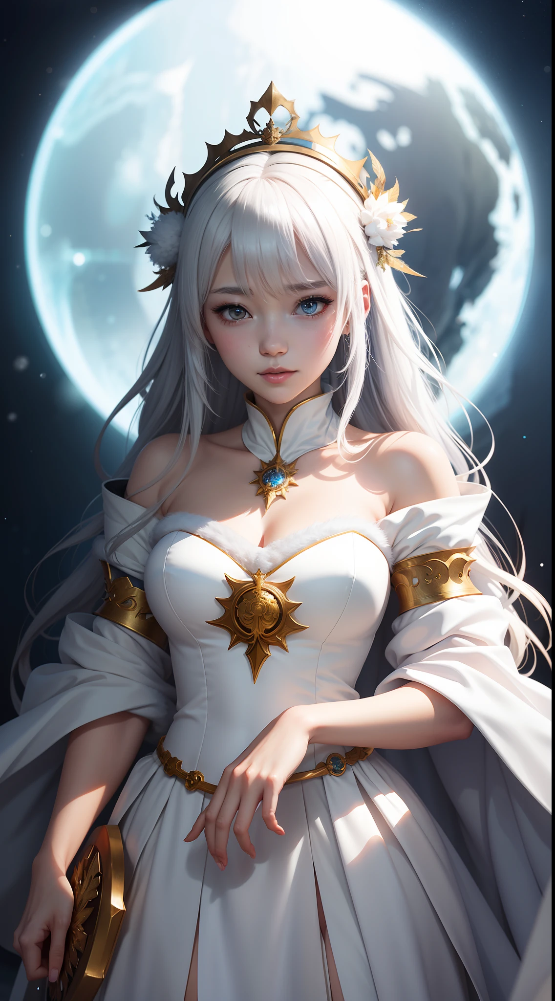 anime, a woman in a white dress with a crown on her head, fanart best artstation, by Yang J, trending on artstation pixiv, goddess of winter, trending on cgstation, fantasy art style, guweiz on pixiv artstation, detailed digital anime art, guweiz on artstation pixiv, anime fantasy illustration