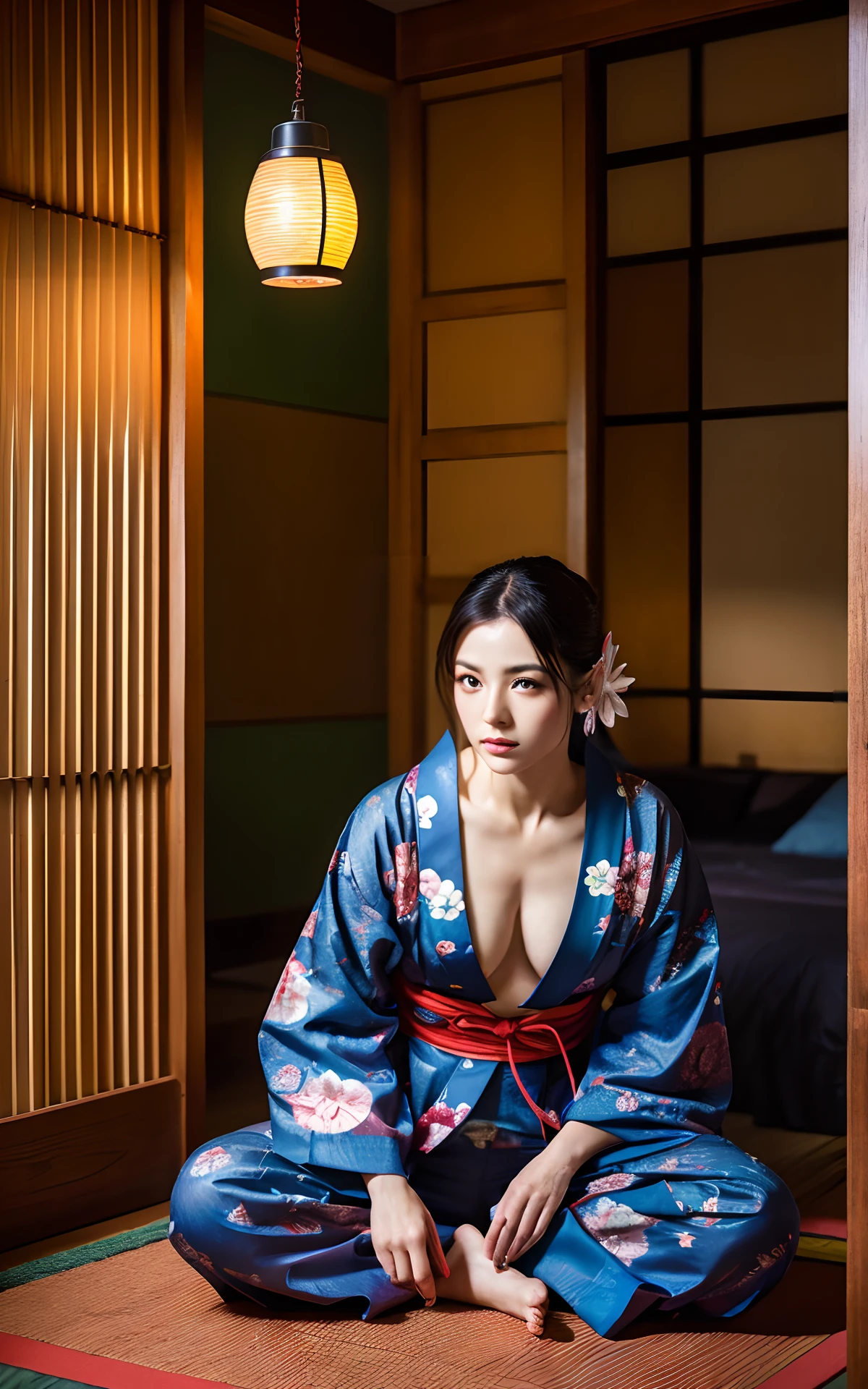 (Zashiki Guest Room), (Andon lamp), (Oiran Silicon), Practical lighting, Narrow room,hyperdetailed face、Detailed lips、A detailed eye、Double eyelids、Dark eyeliner、Iris heterochromatic eyes, thick eyebrow、(Colossal tits:1.3)、((full body Esbian))、((Erotic face)),8K,masuter piece、(Fashion Model Posing),Keiko Kitagawa,wearing insanely detailed,Flower Qui Windbreaker:1.1,Woman sitting on tatami mats