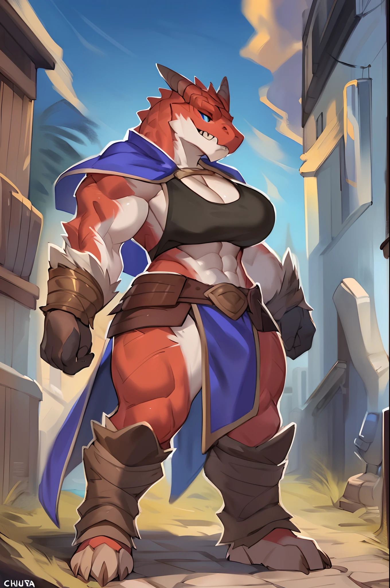 Solo, female, standing, ((muscular, giant, tall, massive, enormous, gigantic, huge, buff, muscular, biceps)), big breasts, red alligator, large head, big jaws, By bebebebebe, by buta99, by chunie, by sonsasu, by danza, alleyway, red skin, , loose tank top, cloak, pullove, coat,, barbarian,barbarian, full body, blue eyes
Completed89% 
SeaArt Bot
Txt2Img
SeaArt 2.0
12:29:23