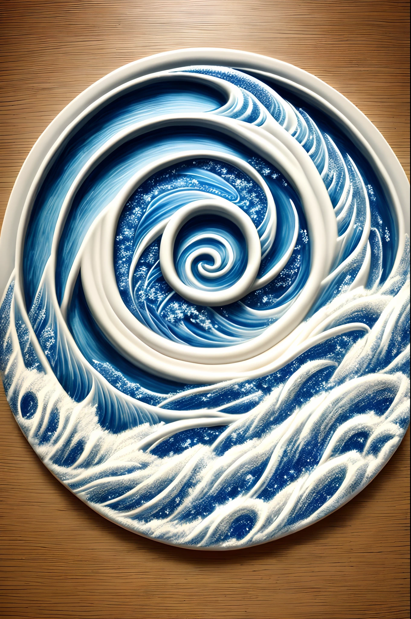 A circle with A1 in the center with the blue waves with white spume in the below, Japanese ancient style of drawing, white and blue