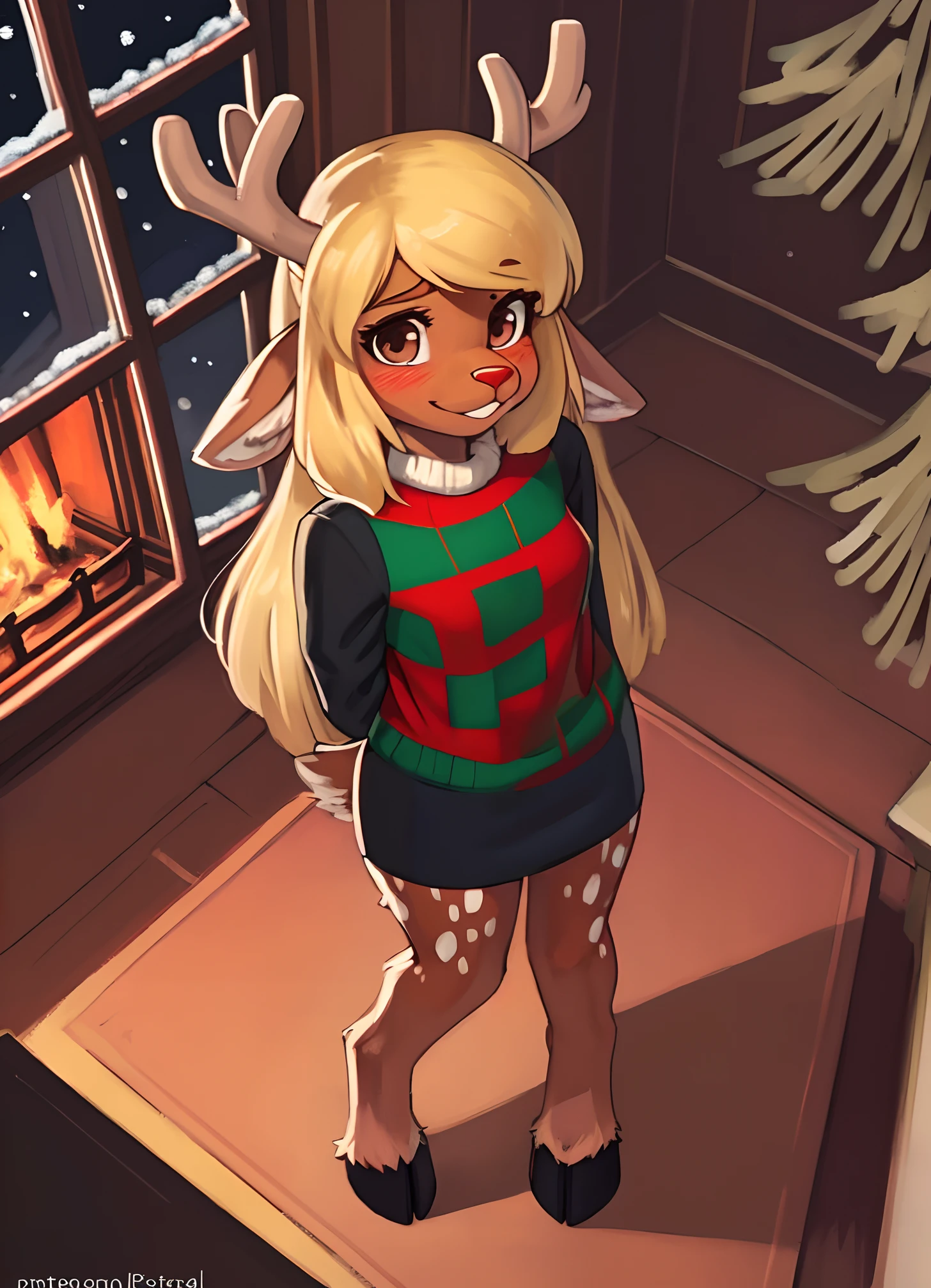 [noelleholiday], [Deltarune], [Uploaded to e621.net; (Pixelsketcher), (wamudraws), (woolrool)], ((masterpiece)), ((HD)), ((high quality)), ((solo portrait)), ((bird's-eye view)), ((feet visible)), ((furry; anthro)), ((detailed fur)), ((detailed shading)), ((beautiful render art)), ((intricate details)), {anthro deer; brown fur, red nose, brown eyebrows, cute brown eyes, (short eyelashes), (deer antlers), cute smile, (blushing), long blonde hair, short fluffy tail, (beautiful defined legs), (beautiful hooves)}, {(green and red white-collared checkered sweater), (black sleeves), (short black pencil skirt)}, {(arms behind back), (standing), (pigeon-toed)}, [background; (living room), (fireplace), (christmas decorations), (window), (snow in window), (starry sky)]